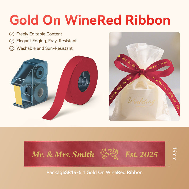 NB718 - NIIMBOT - N1 - SATIN RIBBON SET PACKAGE - 14MMX5.1M - GOLD ON WINE RED