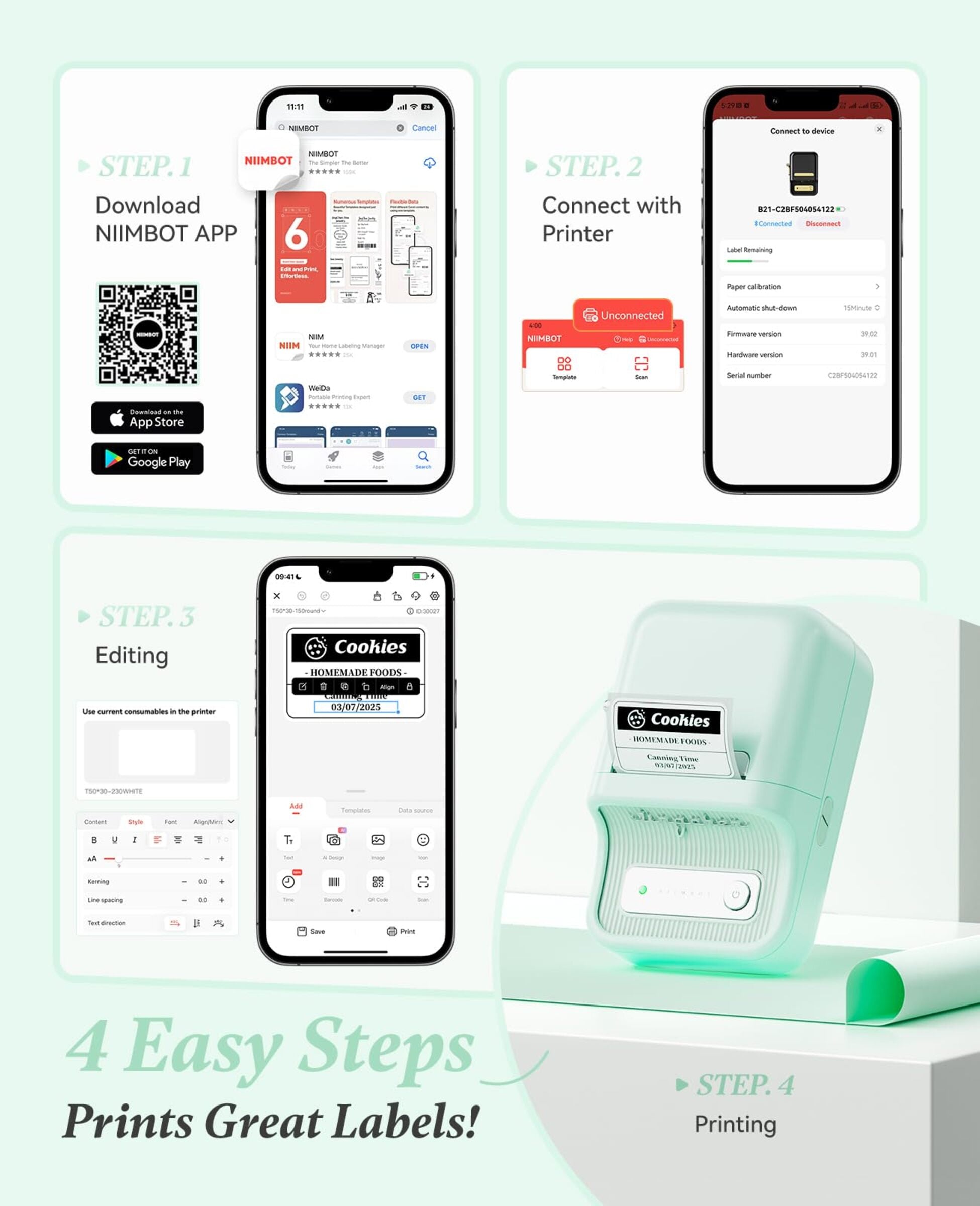 NB109 - NIIMBOT - B21S - PORTABLE THERMAL LABEL BLUETOOTH PRINTER INCL FREE LABEL (50X30MM)