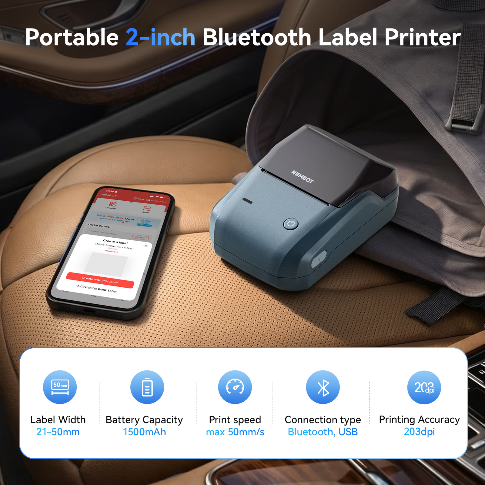 NB493 - NIIMBOT - B1 - PORTABLE THERMAL LABEL BLUETOOTH PRINTER INCL FREE WHITE LABEL (50X30MM)