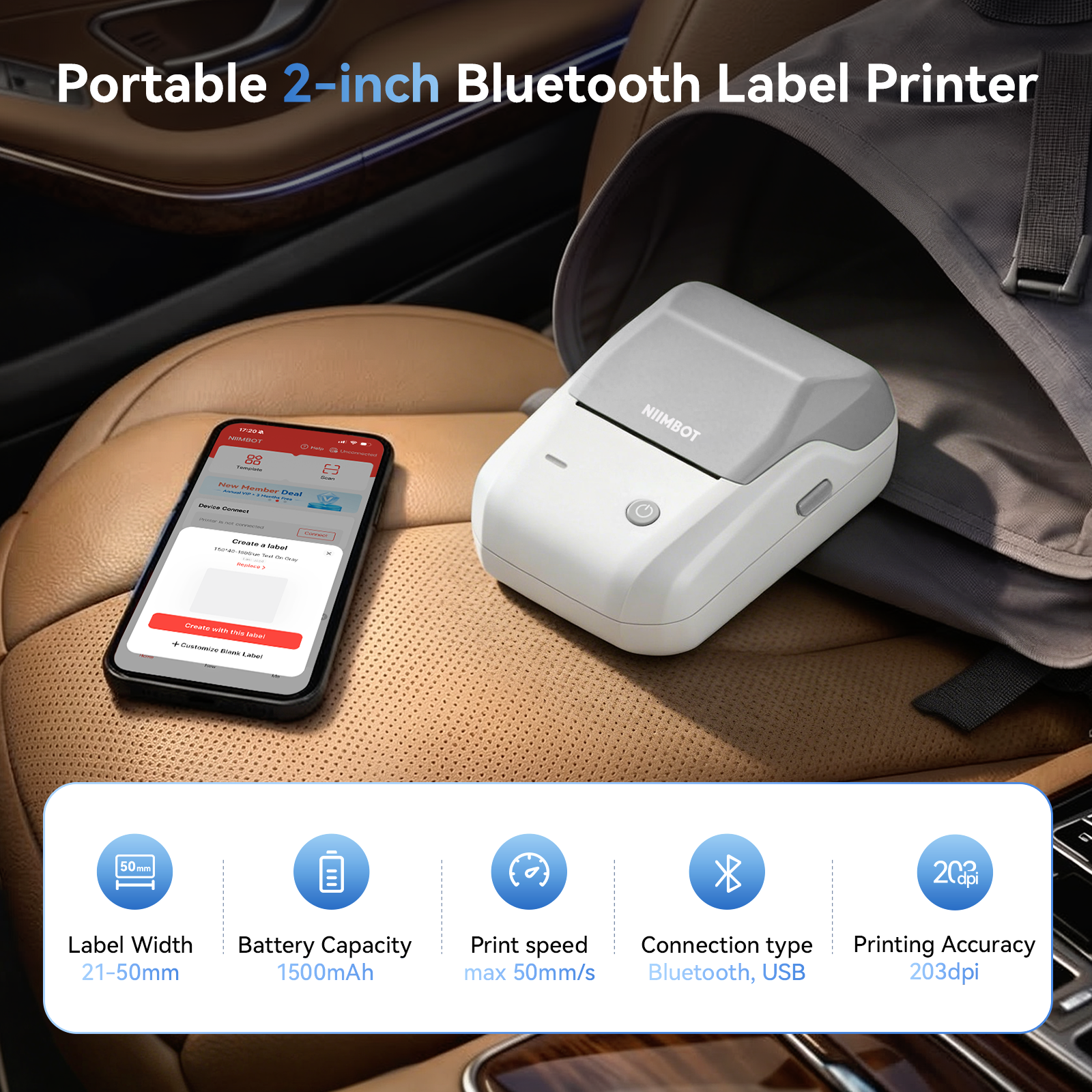 NB493 - NIIMBOT - B1 - PORTABLE THERMAL LABEL BLUETOOTH PRINTER INCL FREE WHITE LABEL (50X30MM)