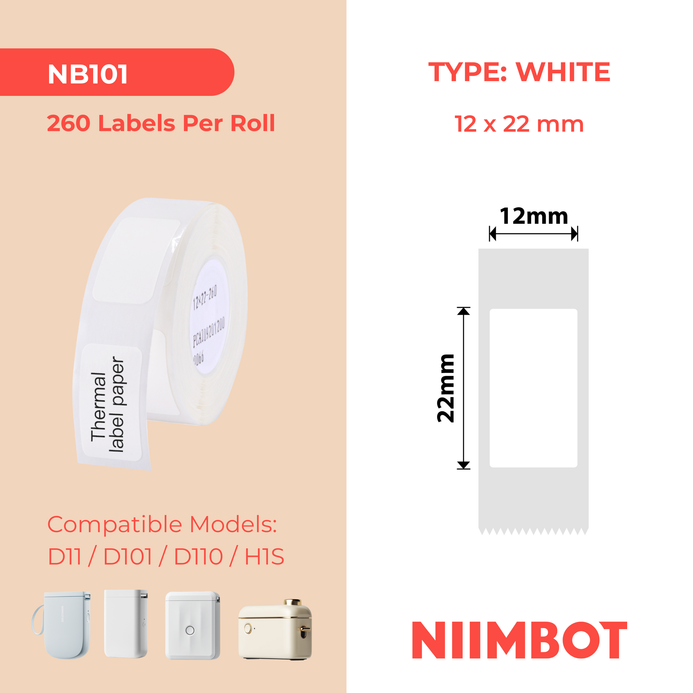 NB101 - NIIMBOT - D11 / D101 / D110 / H1S - 12X22MM - 260 WHITE LABELS