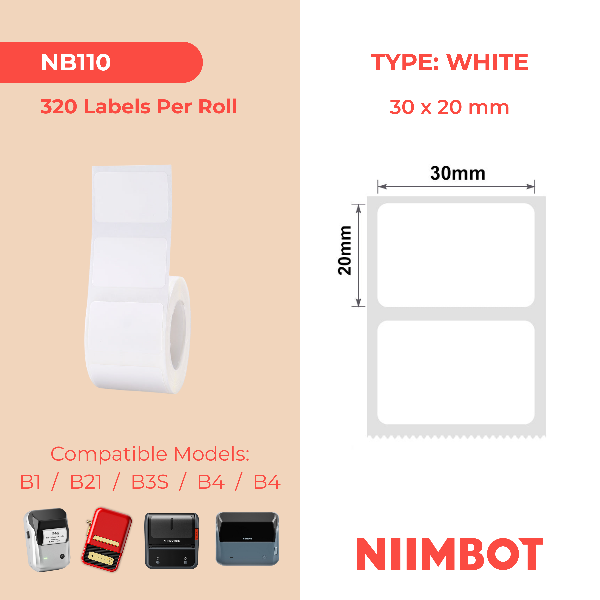 NB110 - NIIMBOT - B1 / B21 / B3S / B4 - 30X20MM - 320 WHITE LABELS