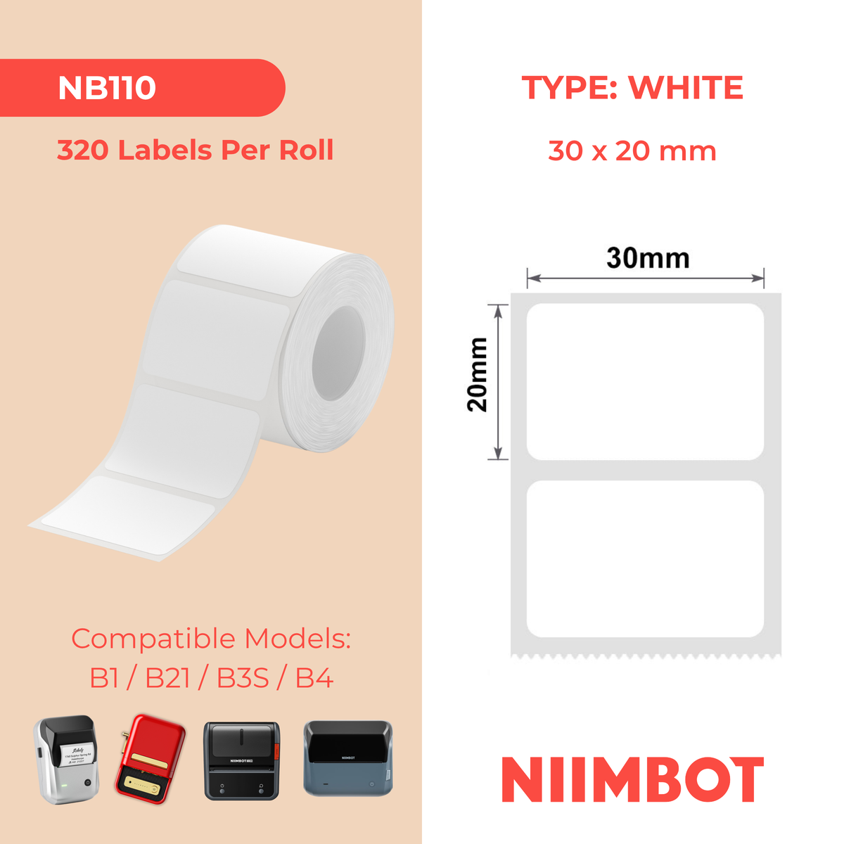 NIIMBOT - B Range - 30x20mm - White - 320 Labels
