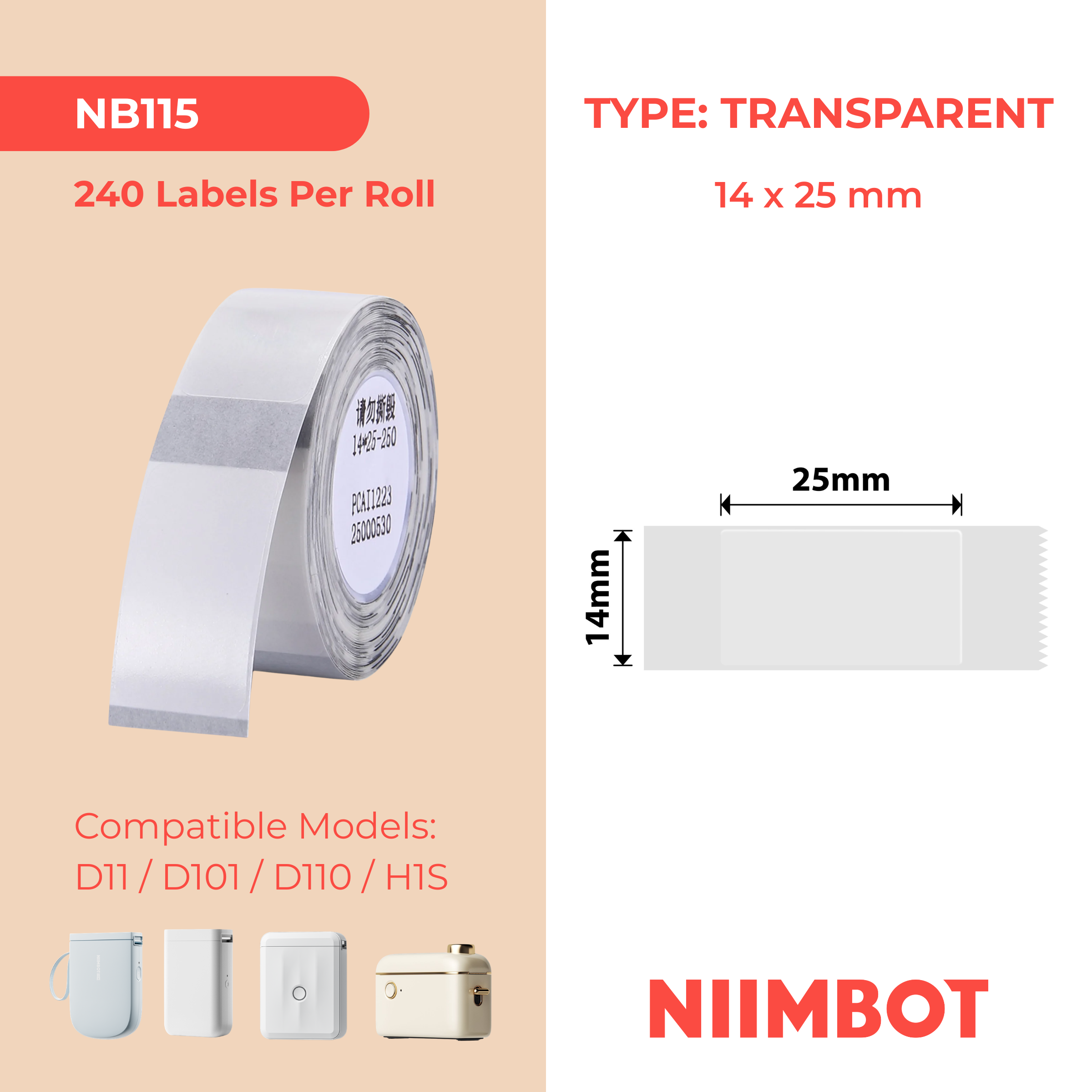 NB115 - NIIMBOT - D11 / D101 / D110 / H1S - 14X25MM - 240 TRANSPARENT LABELS