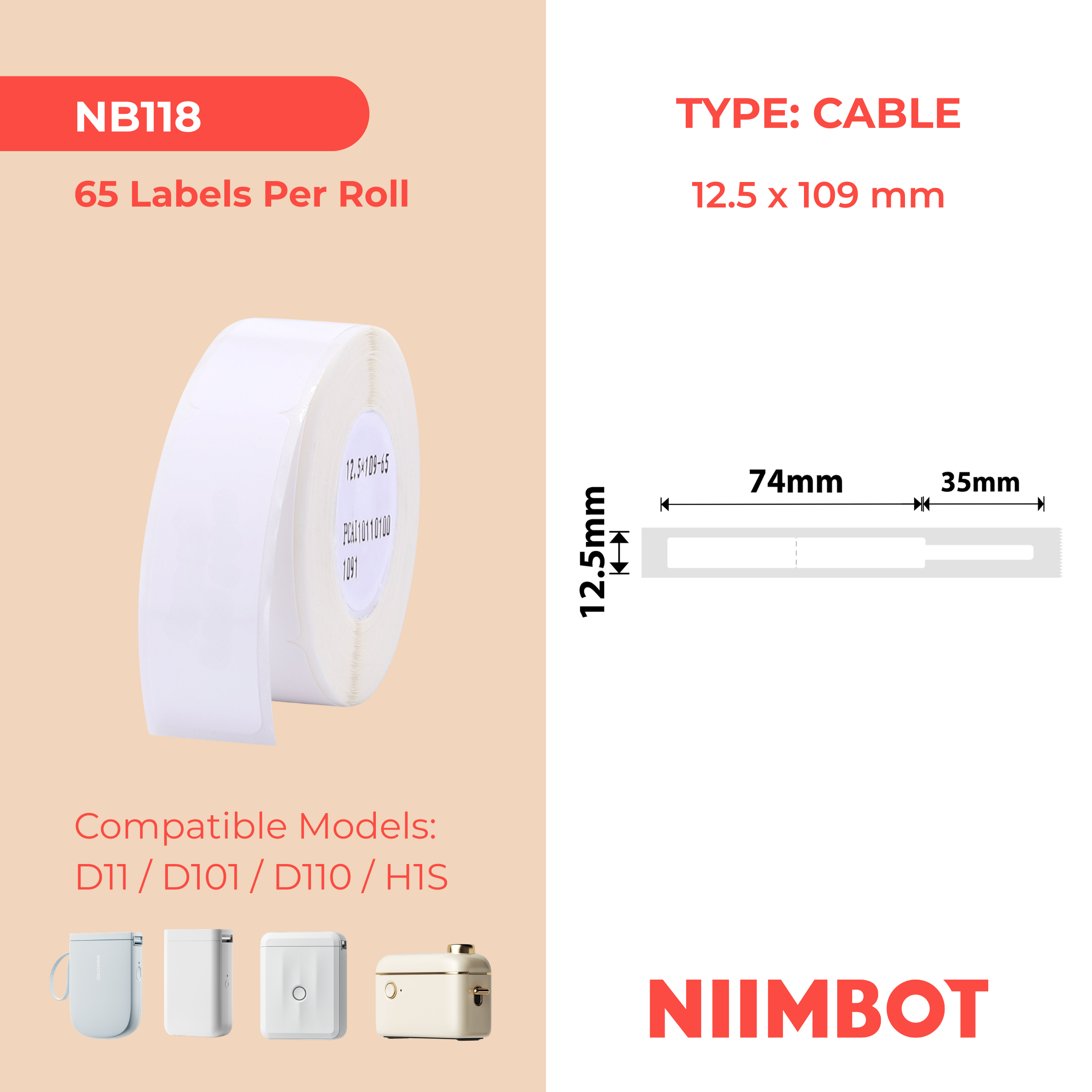 NB118 - NIIMBOT - D11 / D101 / D110 / H1S - 12.5X109MM - 65 WHITE CABLE LABELS