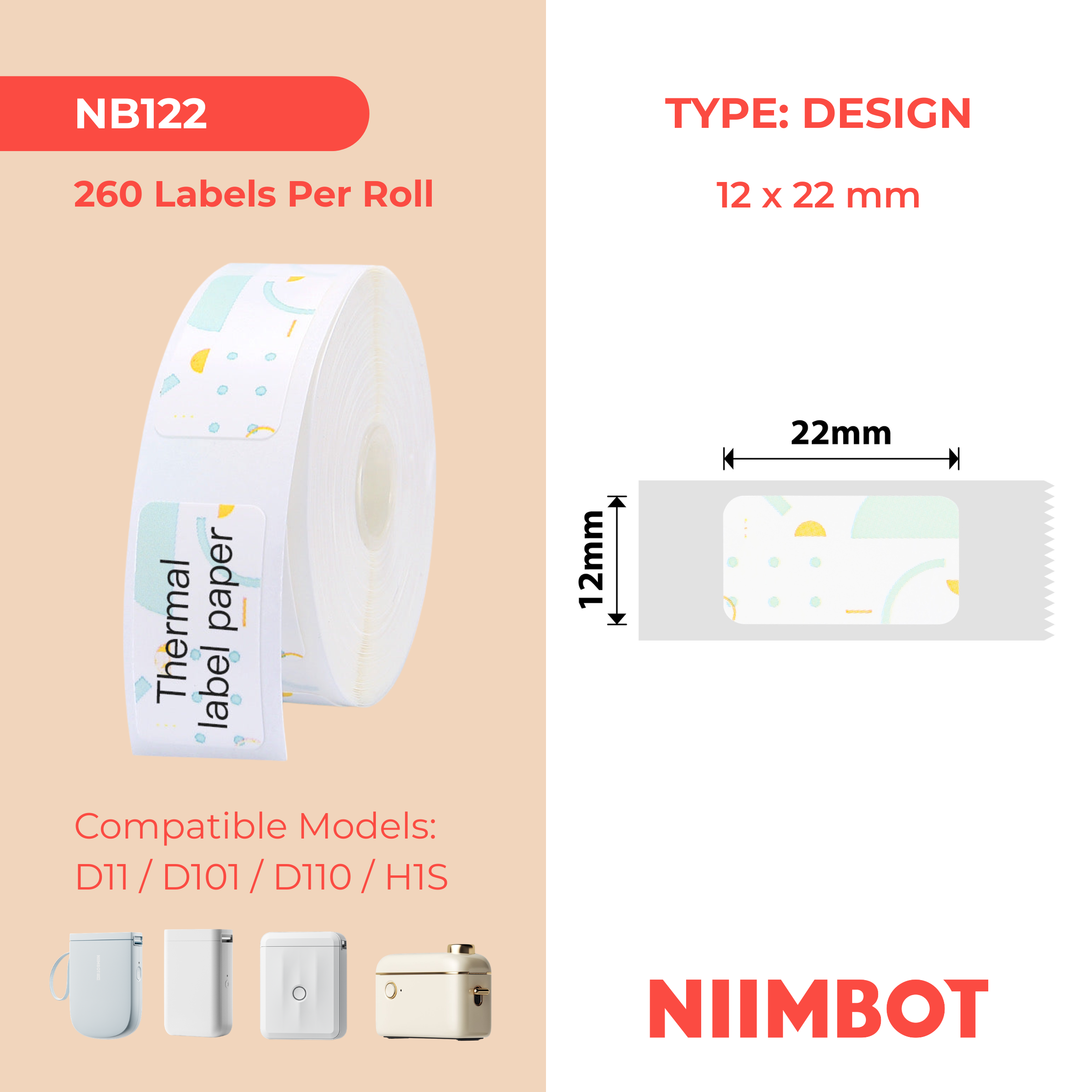 NB122 - NIIMBOT - D11 / D101 / D110 / H1S - 12X22MM - 250 POLKA DOTS LABELS