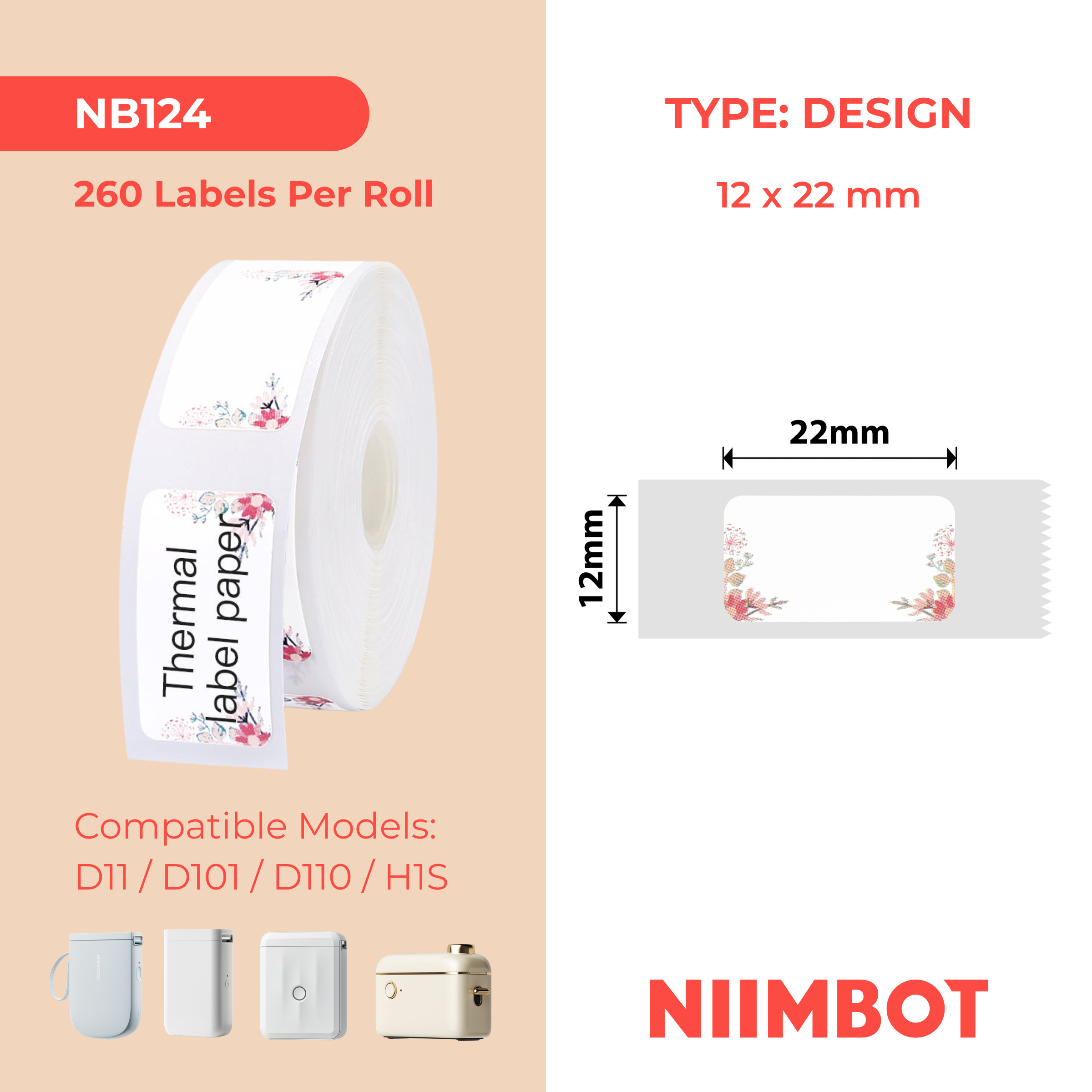 NB124 - NIIMBOT - D11 / D101 / D110 / H1S - 12X22MM - 250 SPRING RED LABELS