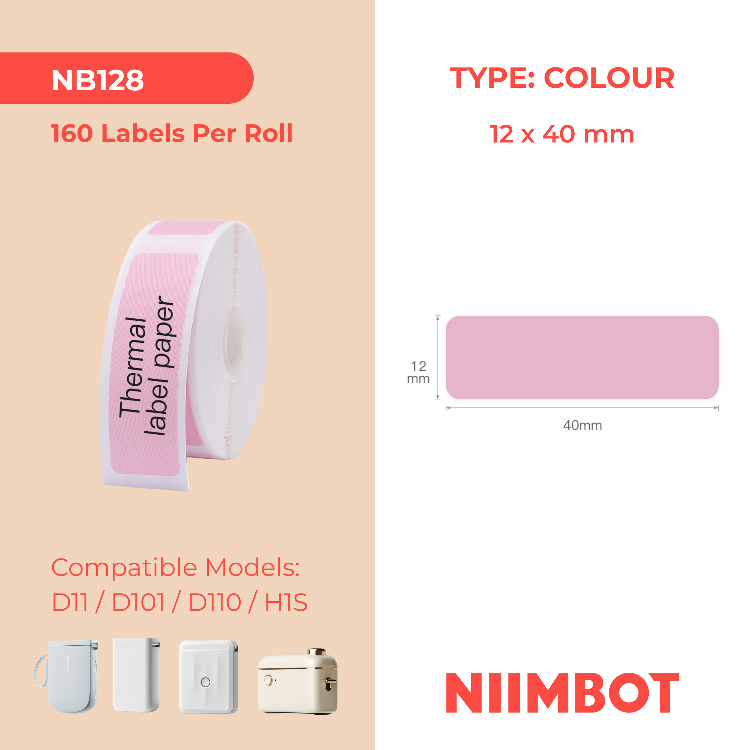 NB128 - NIIMBOT - D11 / D101 / D110 / H1S - 12X40MM - 160 PINK LABELS