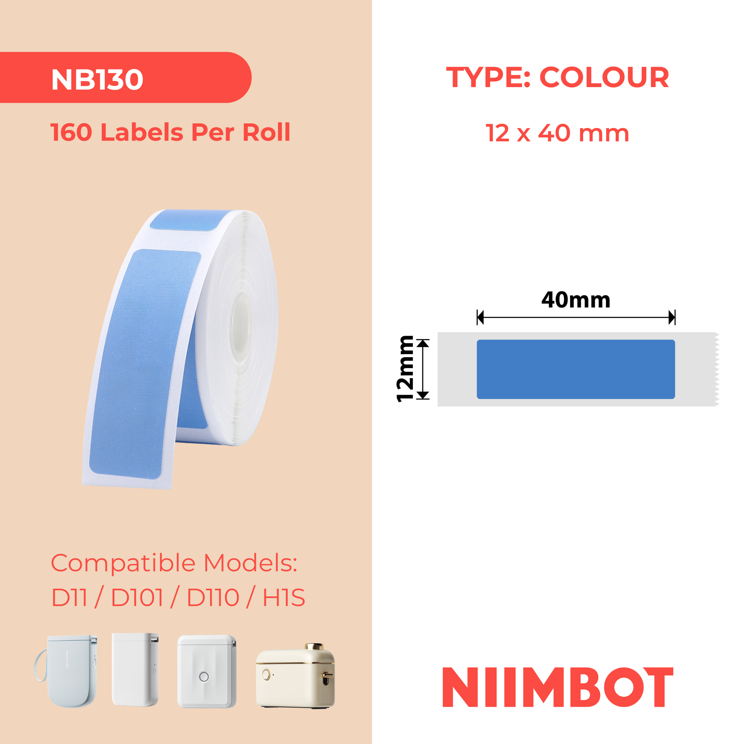 NB130 - NIIMBOT - D11 / D101 / D110 / H1S - 12X40MM - 160 BLUE LABELS