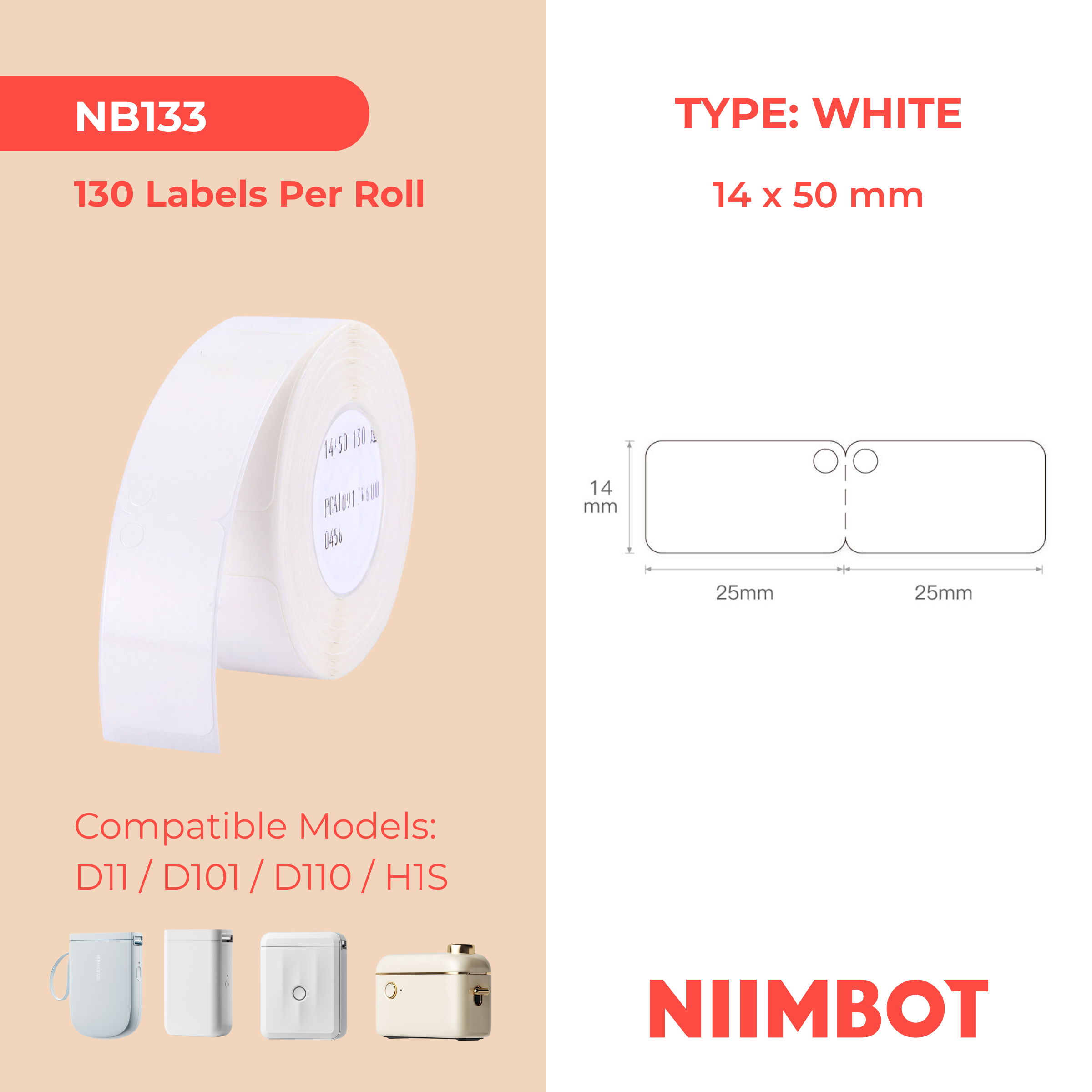 NB133 - NIIMBOT - D11 / D101 / D110 / H1S - 14X50MM - 130 WHITE JEWELLERY FOLDING LABELS