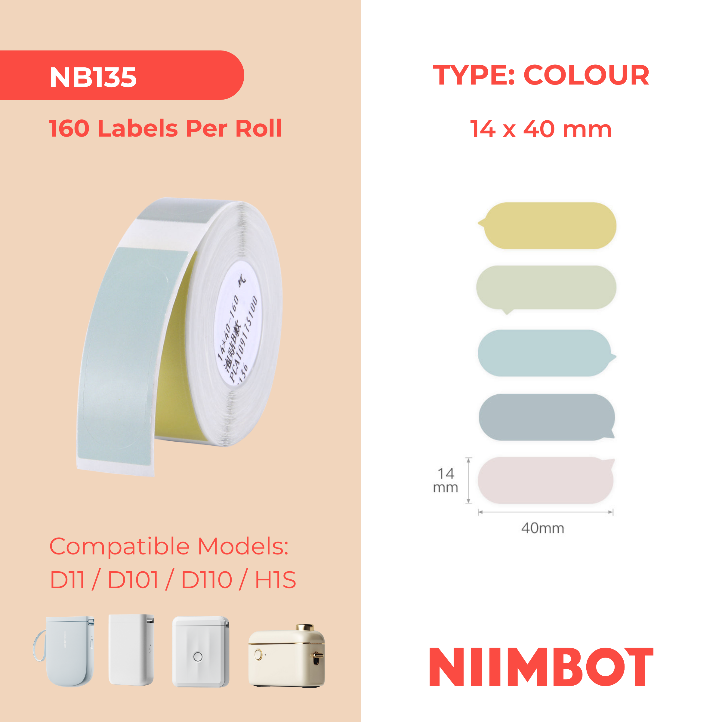 NB135 - NIIMBOT - D11 / D101 / D110 / H1S - 14X40MM - 160 BUBBLE B LABELS