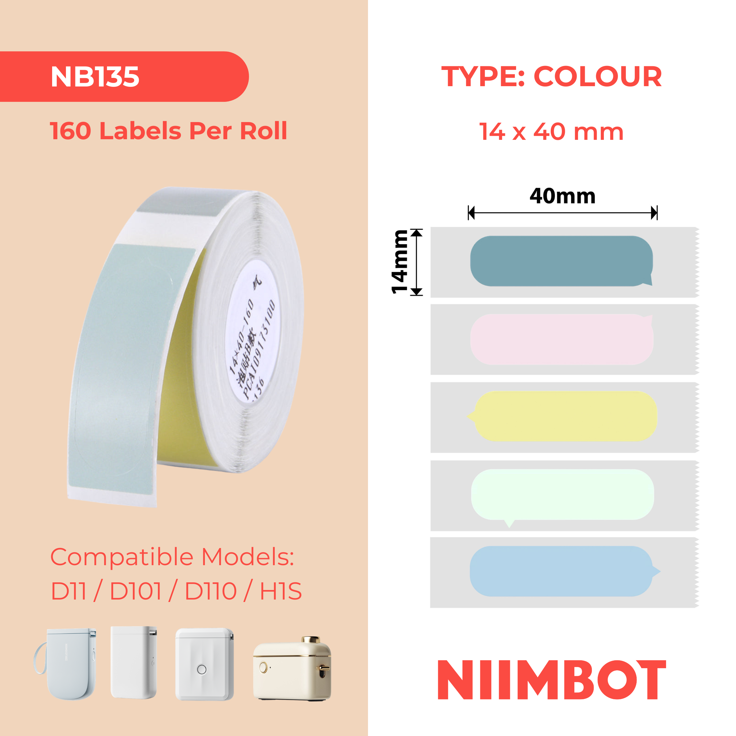 NB135 - NIIMBOT - D11 / D101 / D110 / H1S - 14X40MM - 160 BUBBLE B LABELS