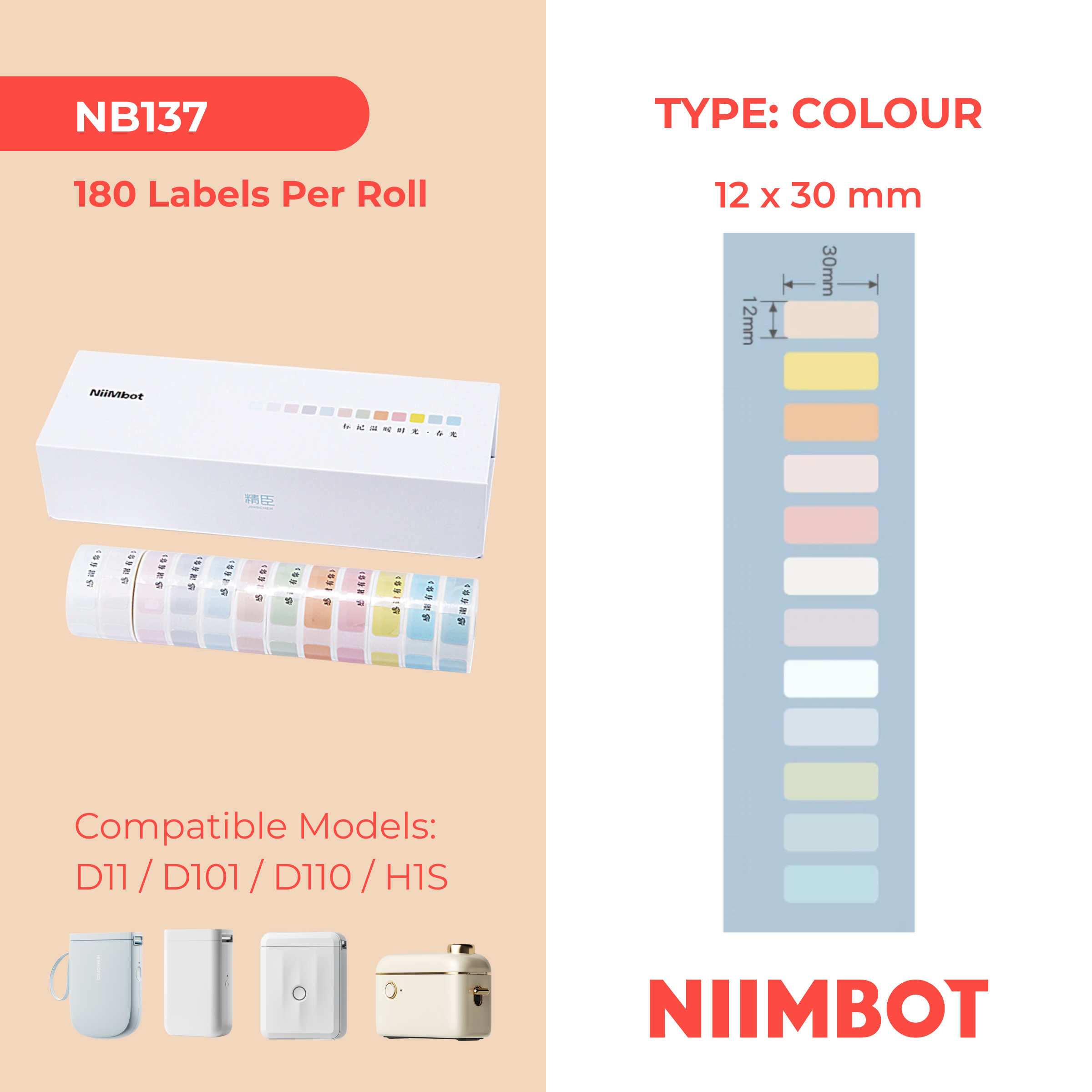 NB137 - NIIMBOT - D11 / D101 / D110 / H1S - 12X30MM - 180 SPRING EDITION LABELS - 12 X ROLLS