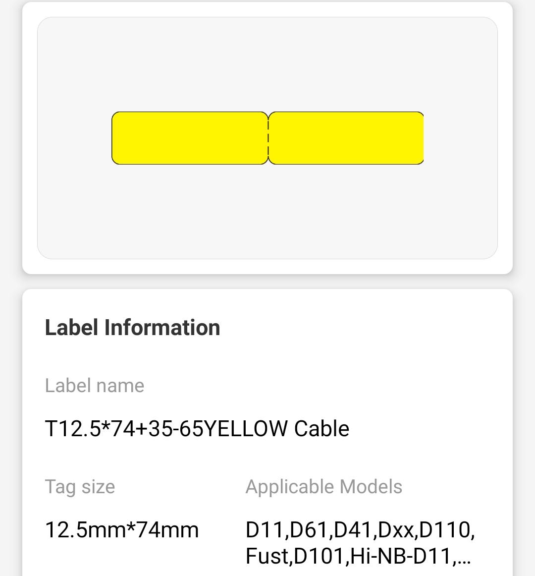 NB140 - NIIMBOT - D11 / D101 / D110 / H1S - 12.5X109MM - 65 YELLOW CABLE LABELS