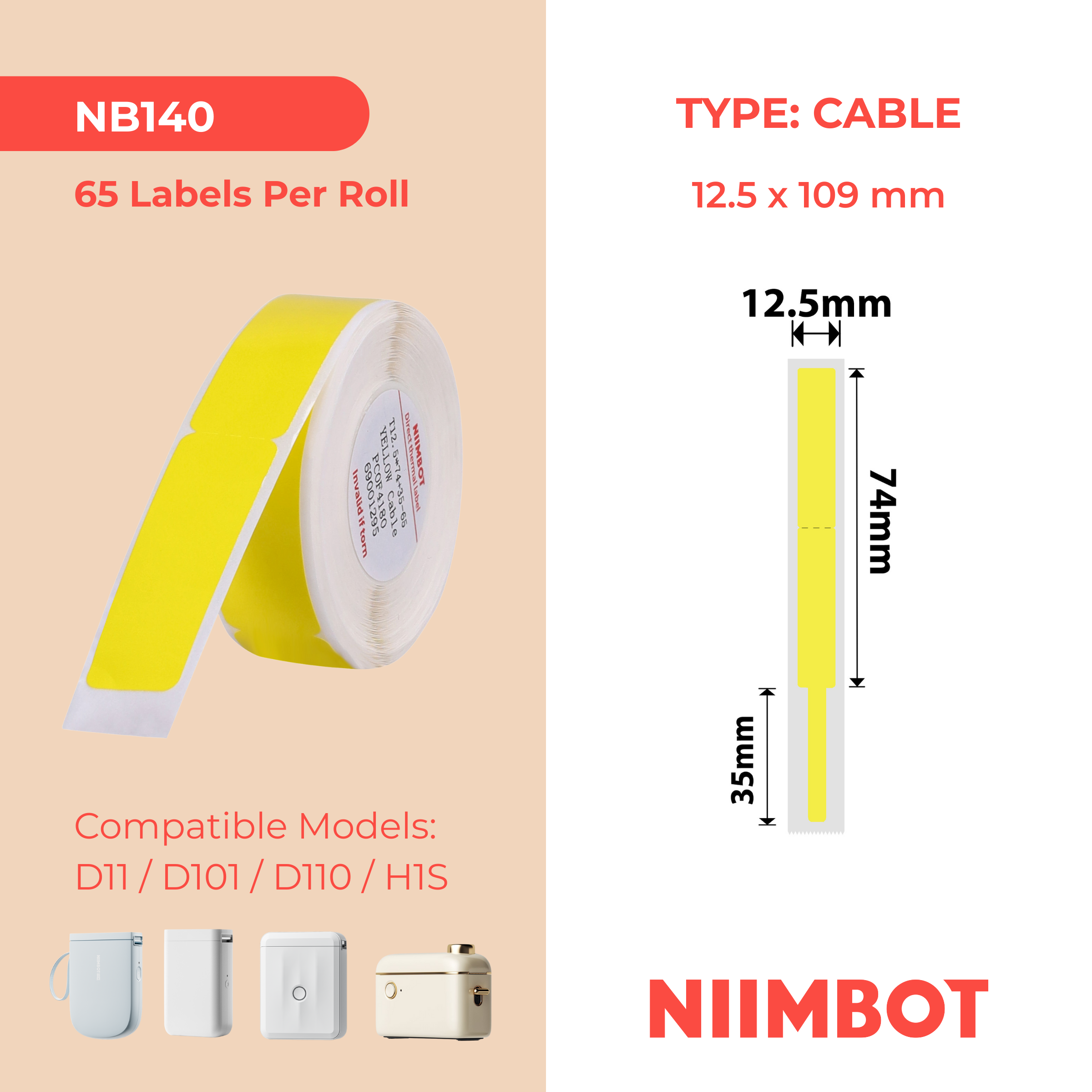 NB140 - NIIMBOT - D11 / D101 / D110 / H1S - 12.5X109MM - 65 YELLOW CABLE LABELS