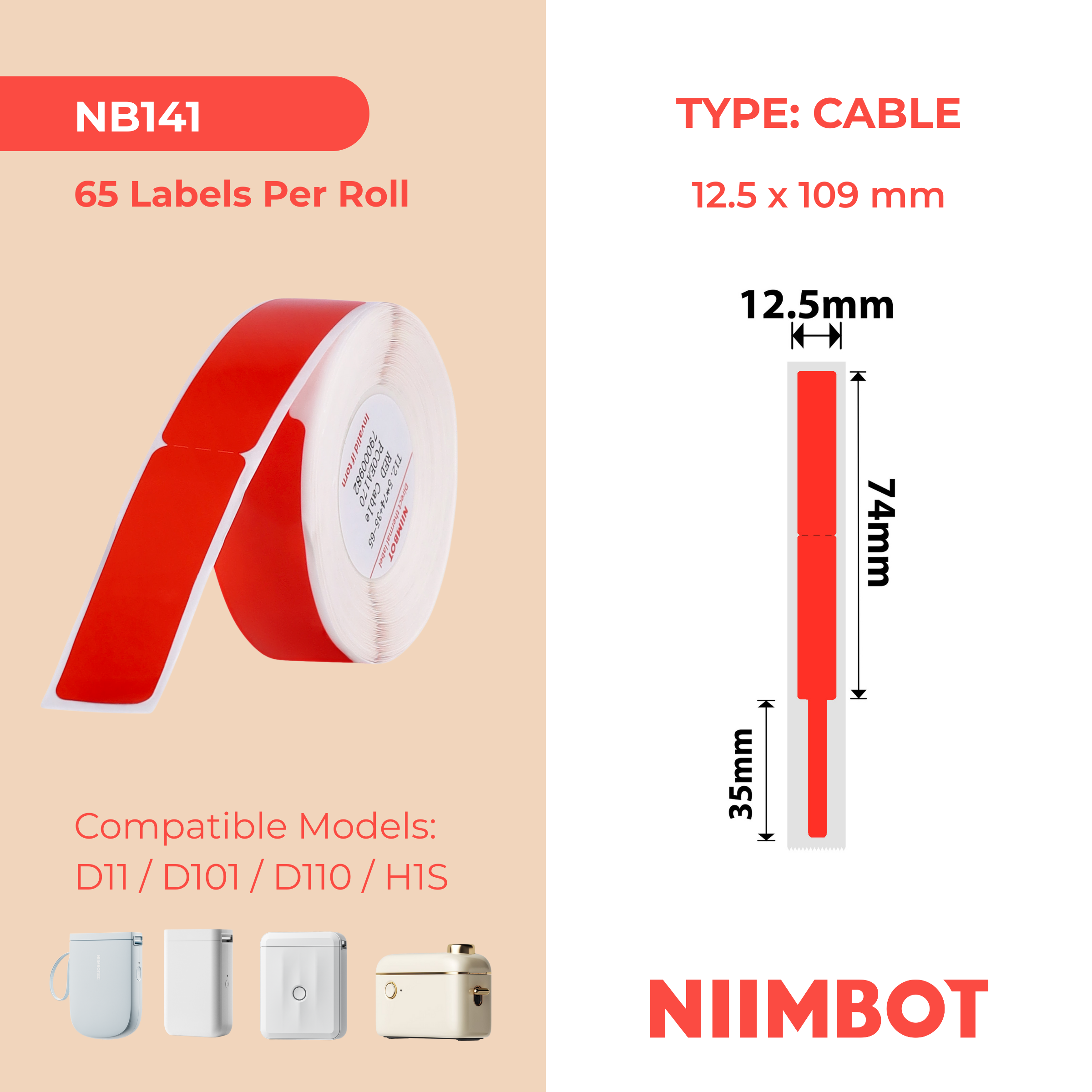NB141 - NIIMBOT - D11 / D101 / D110 / H1S - 12.5X109MM - 65 RED CABLE LABELS