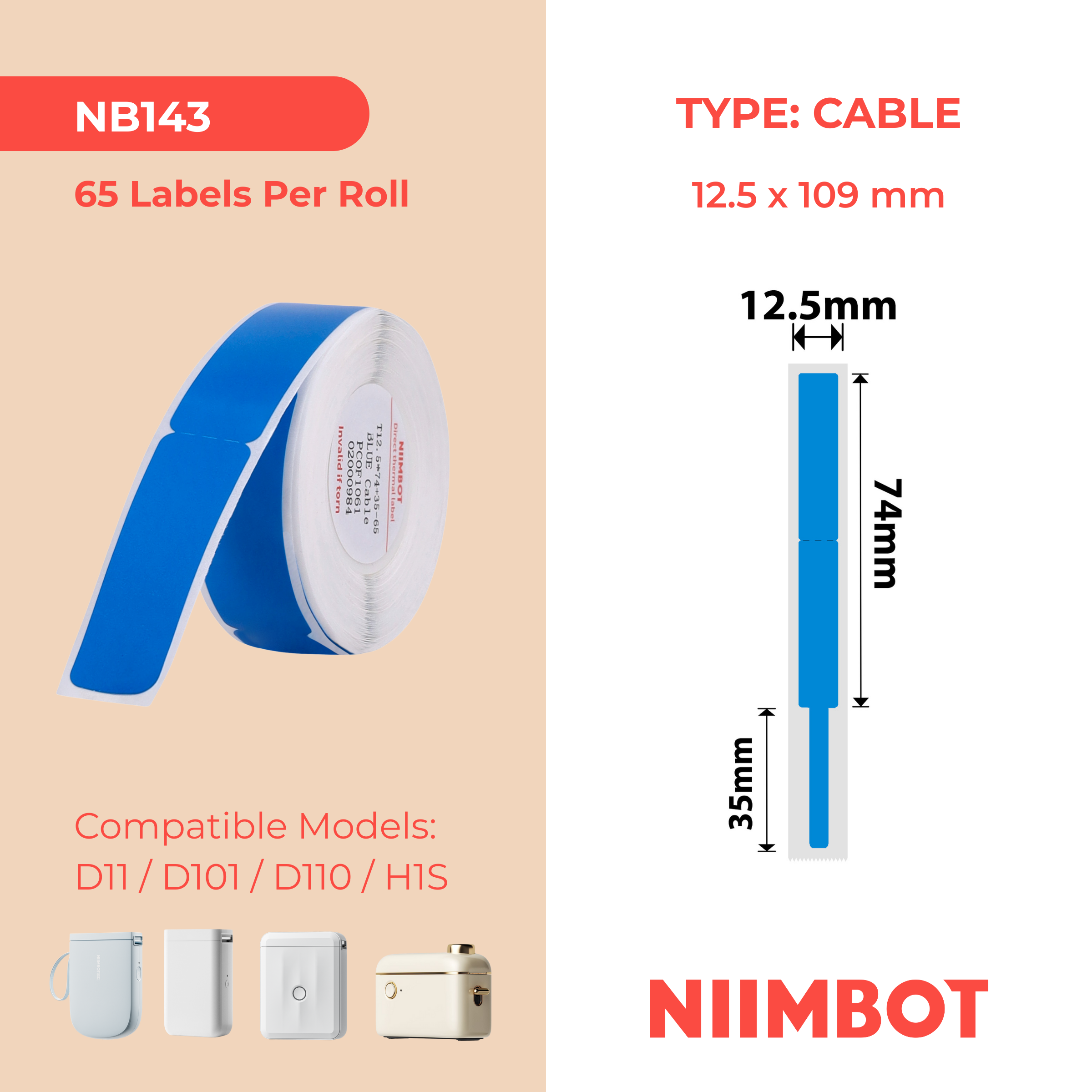 NB143 - NIIMBOT - D11 / D101 / D110 / H1S - 12.5X109MM - 65 BLUE CABLE LABELS