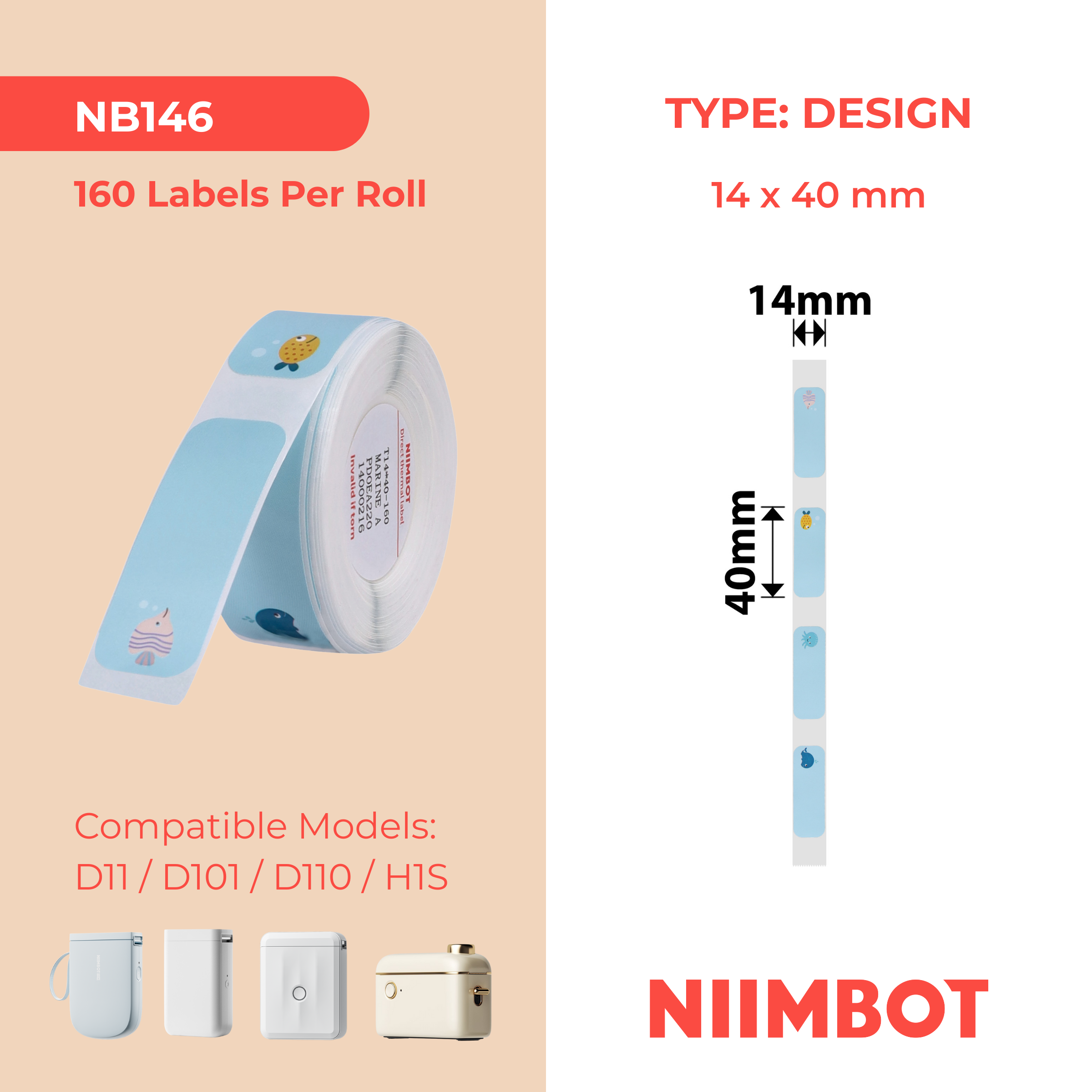 NB146 - NIIMBOT - D11 / D101 / D110 / H1S - 14X40MM - 160 MIXED SEA ANIMALS LABELS