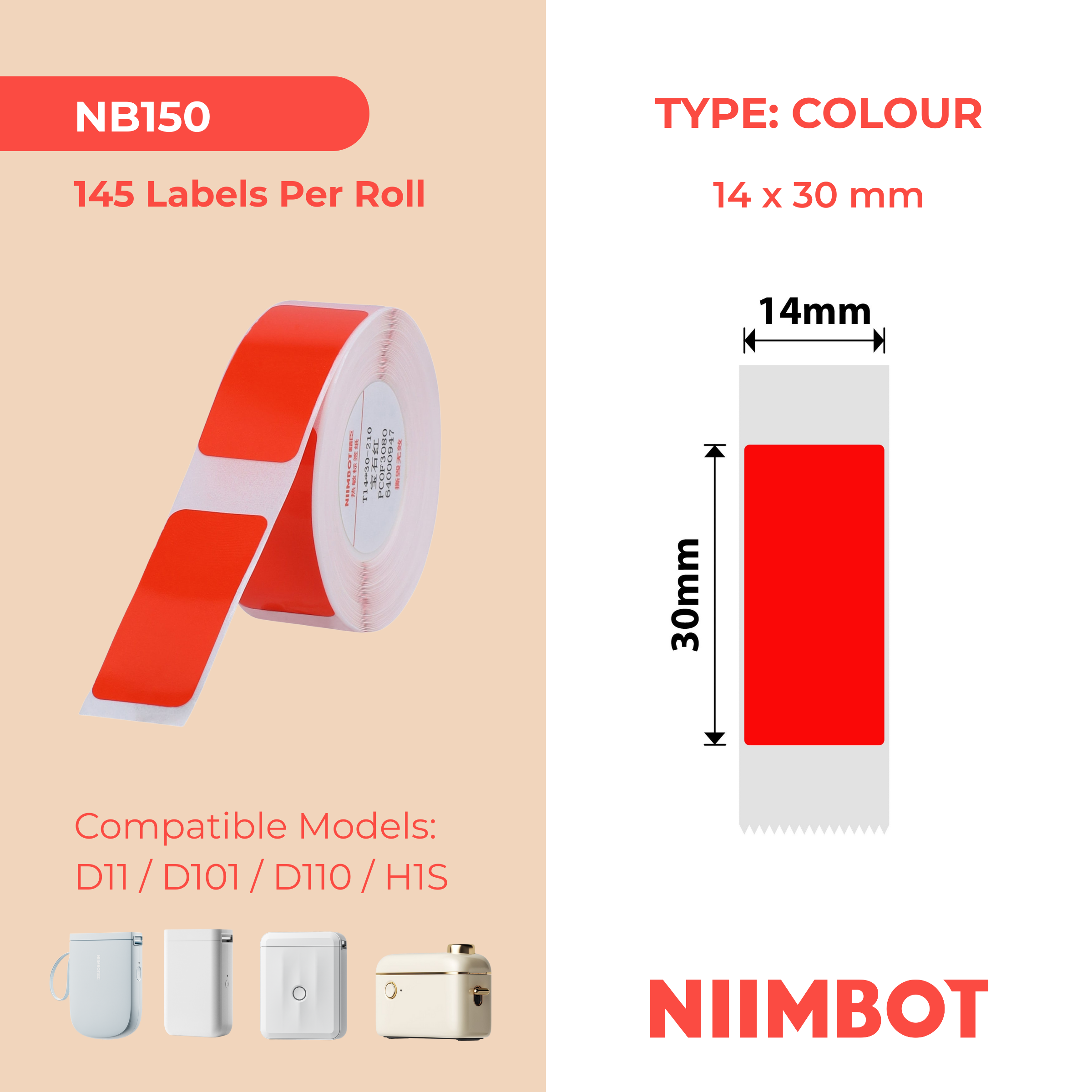 NB150 - NIIMBOT - D11 / D101 / D110 / H1S - 14X30MM - 210 RUBY RED LABELS
