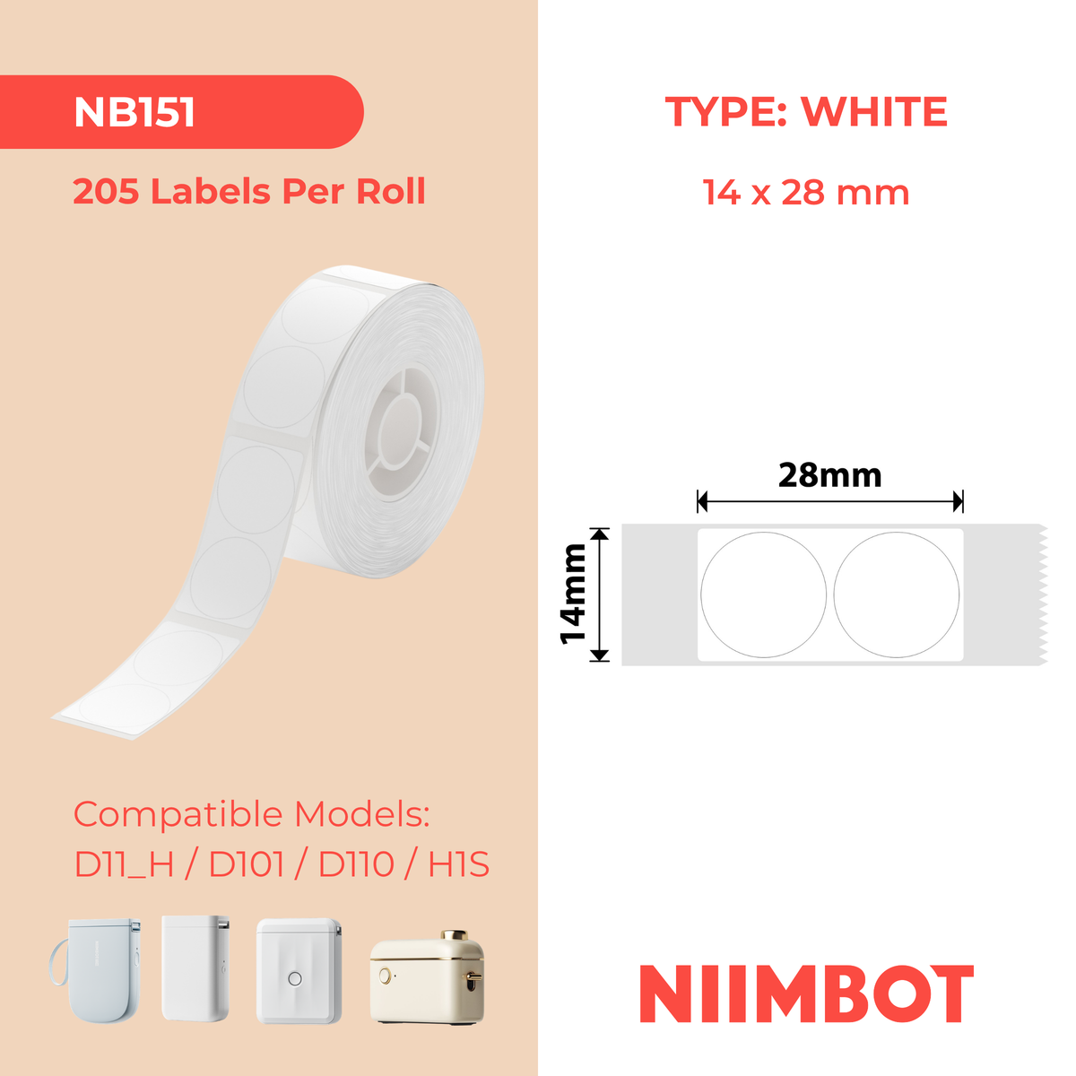 NIIMBOT - D Range - 14x28mm - White Twin Round - 205 Labels