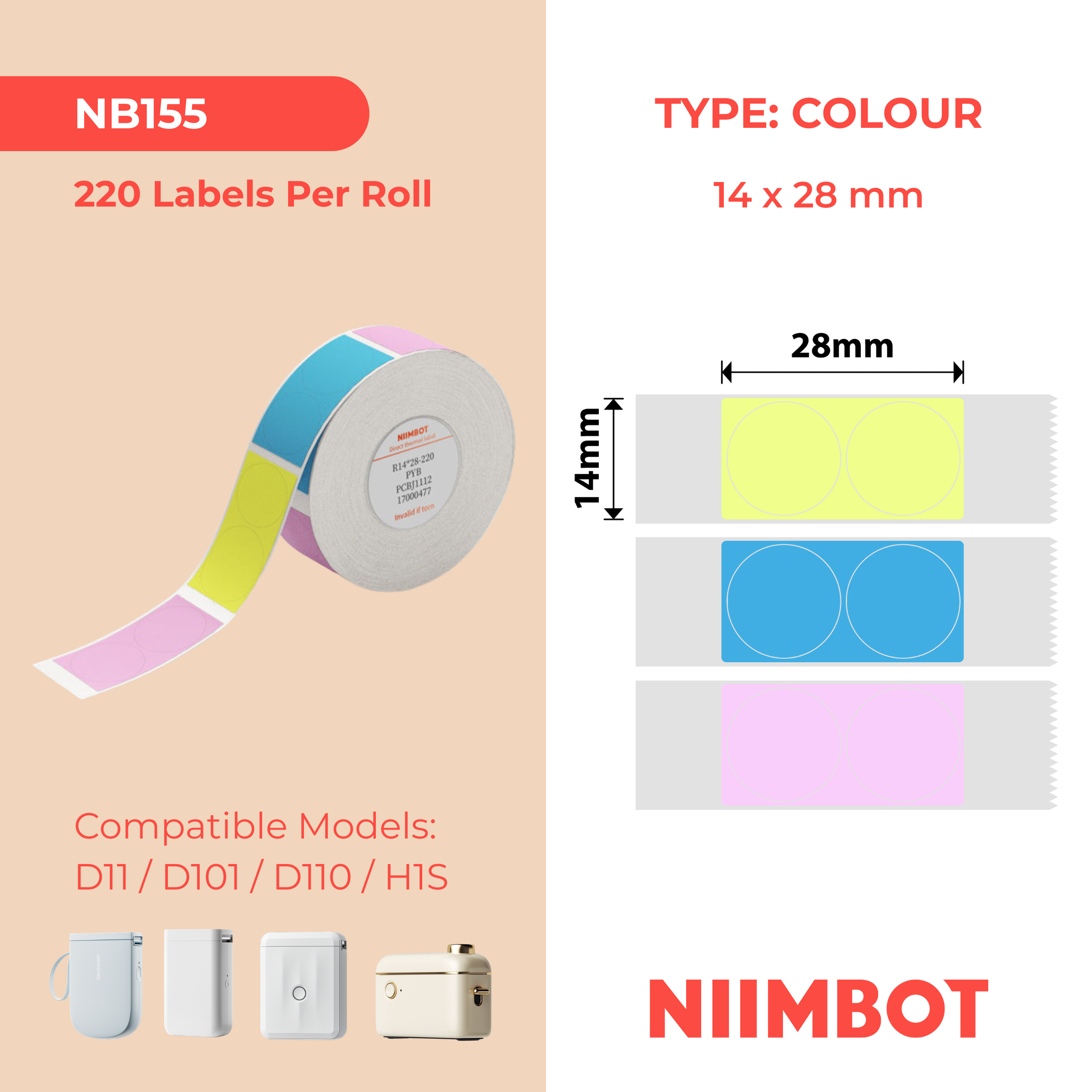 NB155 - NIIMBOT - D11 / D101 / D110 / H1S - 14X28MM - 205 PINK, YELLOW,BLUE ROUND LABELS