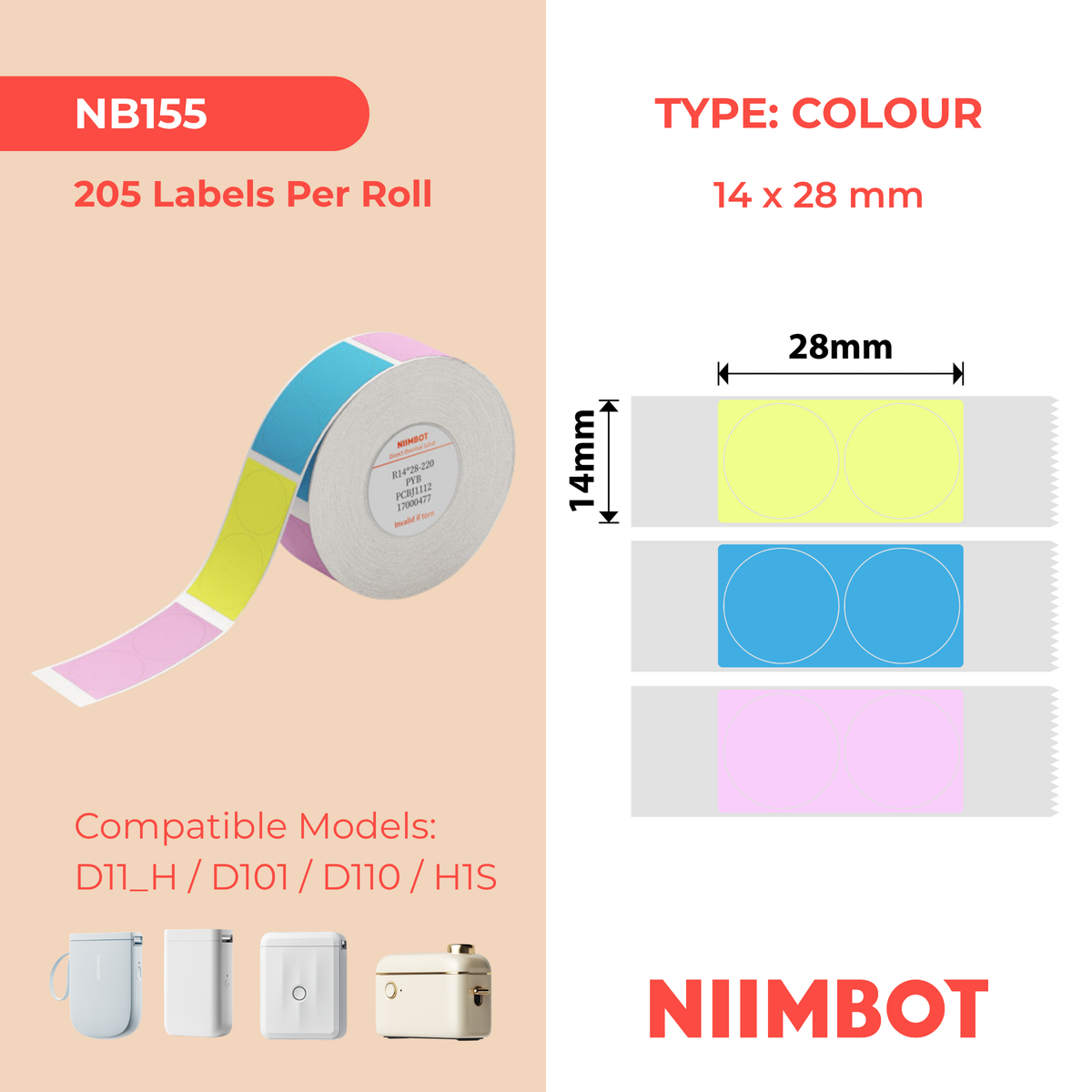 NIIMBOT - D Range - 14x28mm - Pink, Yellow, Blue Round - 205 Labels