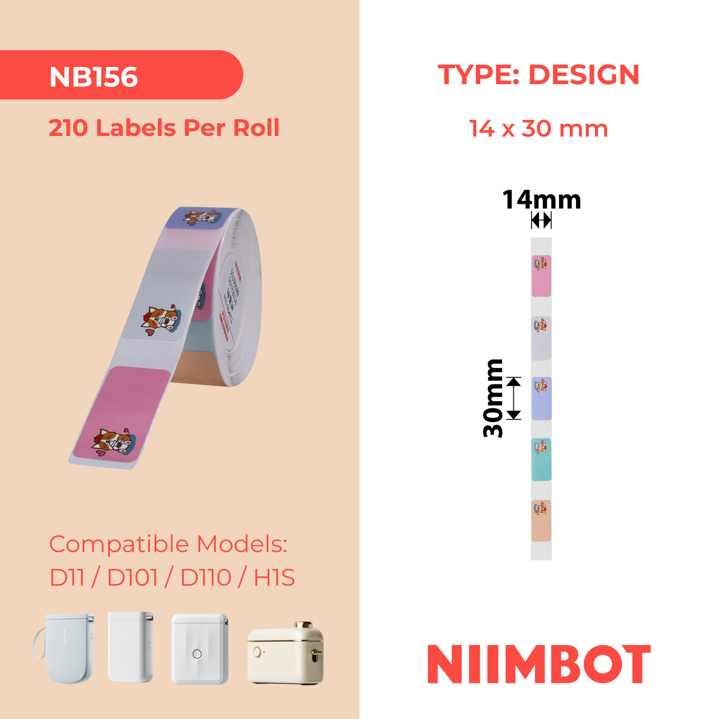 NB156 - NIIMBOT - D11 / D101 / D110 / H1S - 14X30MM - 210 CUTE CORGI LABELS