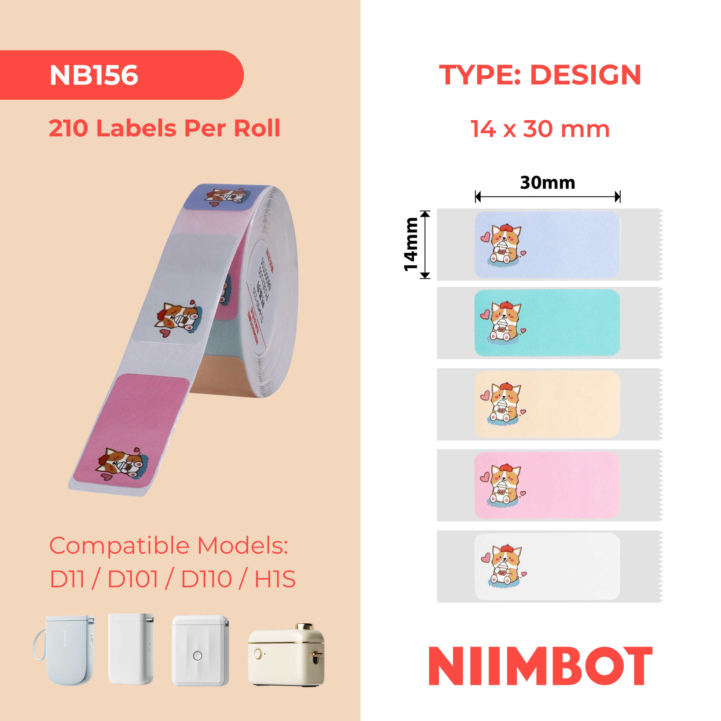 NB156 - NIIMBOT - D11 / D101 / D110 / H1S - 14X30MM - 195 CUTE CORGI LABELS