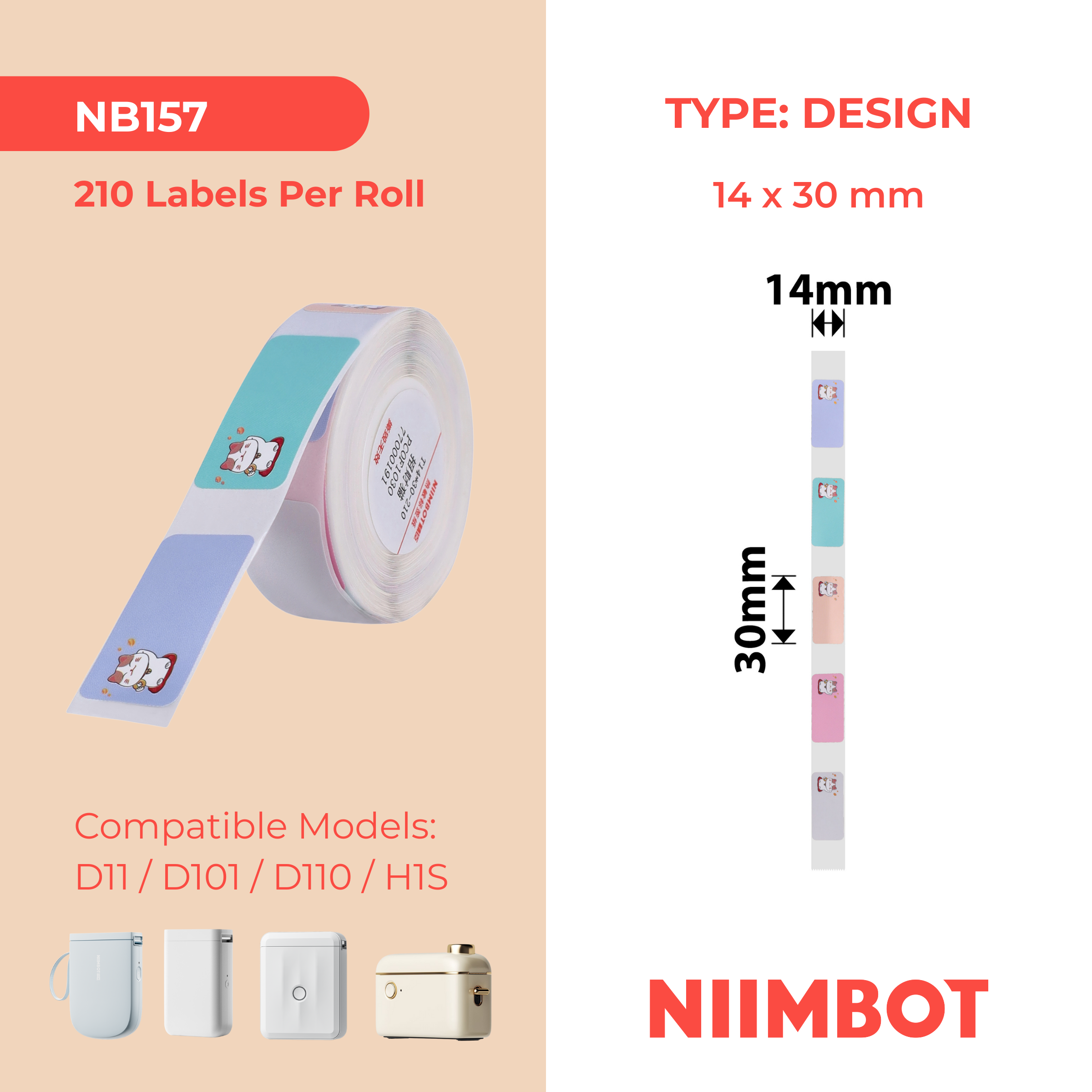 NB157 - NIIMBOT - D11 / D101 / D110 / H1S - 14X30MM - 210 FORTUNE CAT LABELS