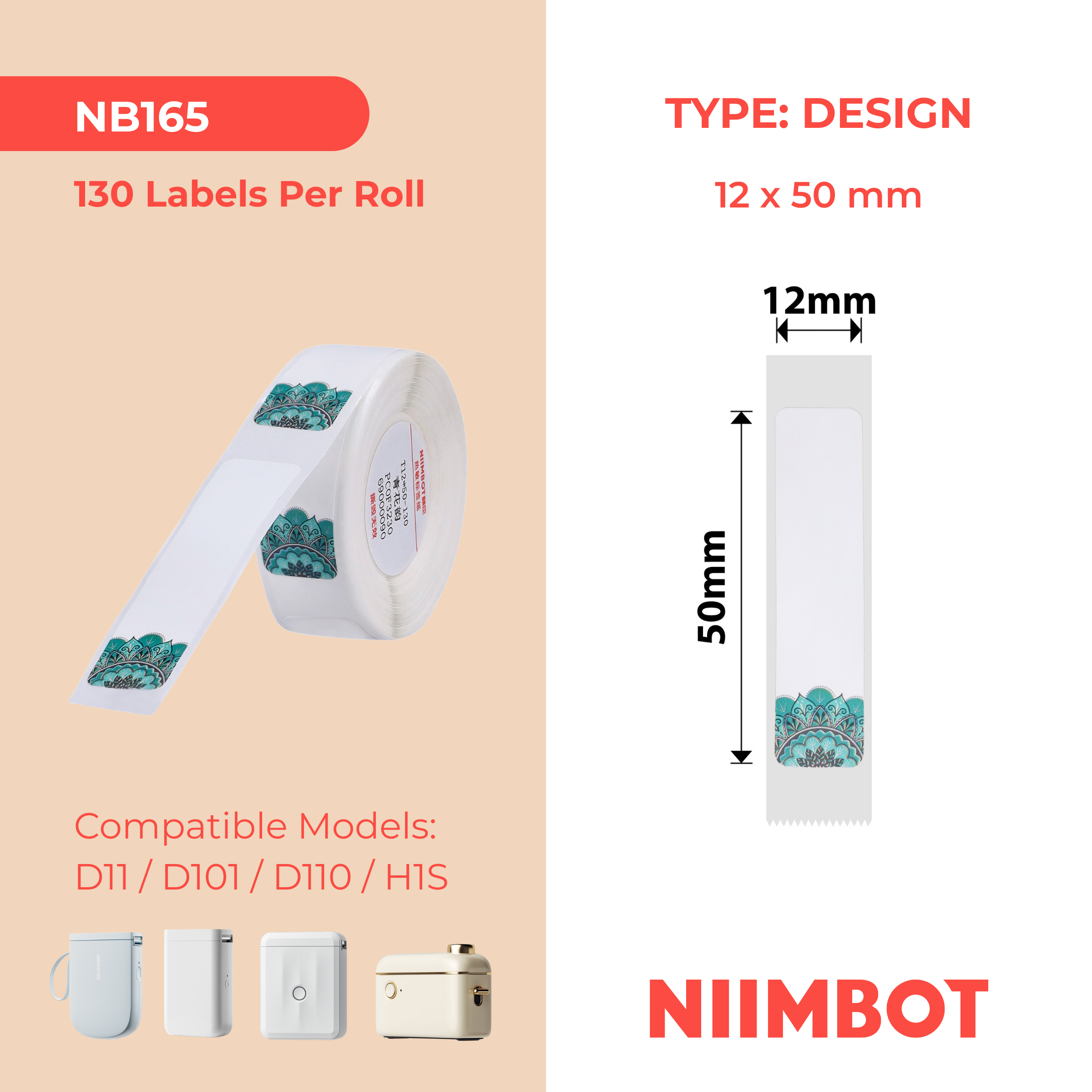 NB165 - NIIMBOT - D11 / D101 / D110 / H1S - 12X50MM - 130 PORCELAIN LABELS