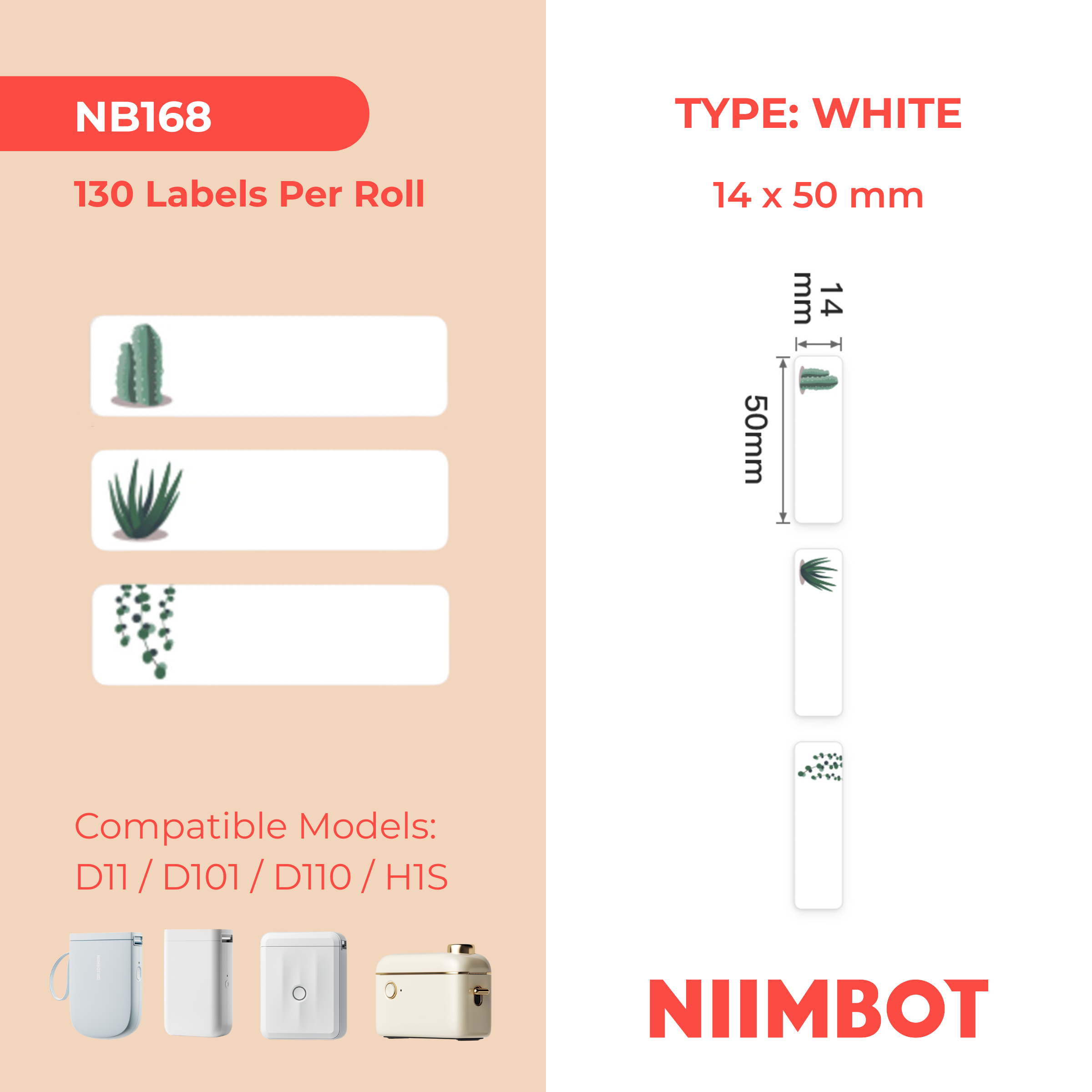 NB168 - NIIMBOT - D11 / D101 / D110 / H1S - 14X50MM - 130 SUCCULENT B LABELS