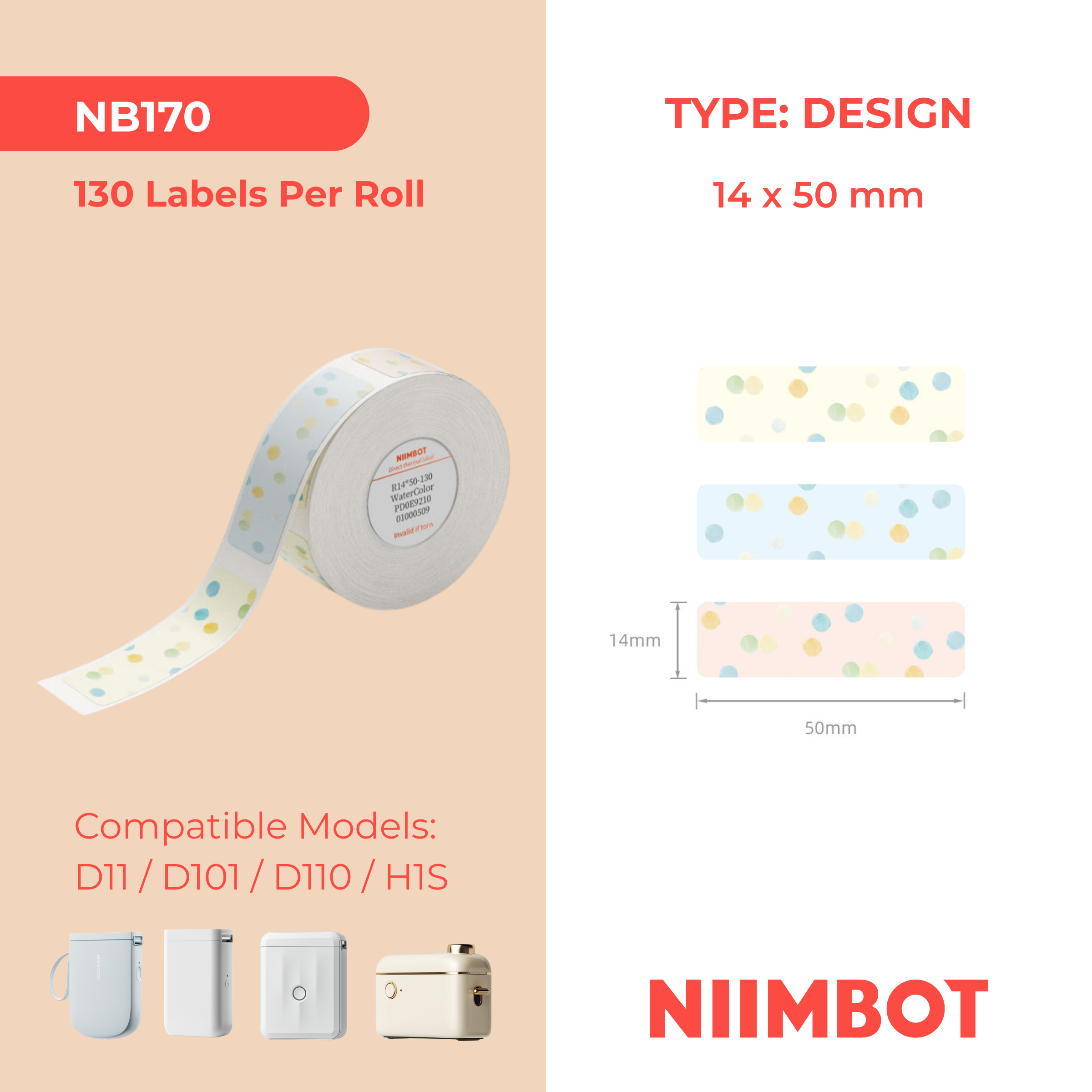 NB170 - NIIMBOT - D11 / D101 / D110 / H1S - 14X50MM - 130 WATERCOLOUR LABELS
