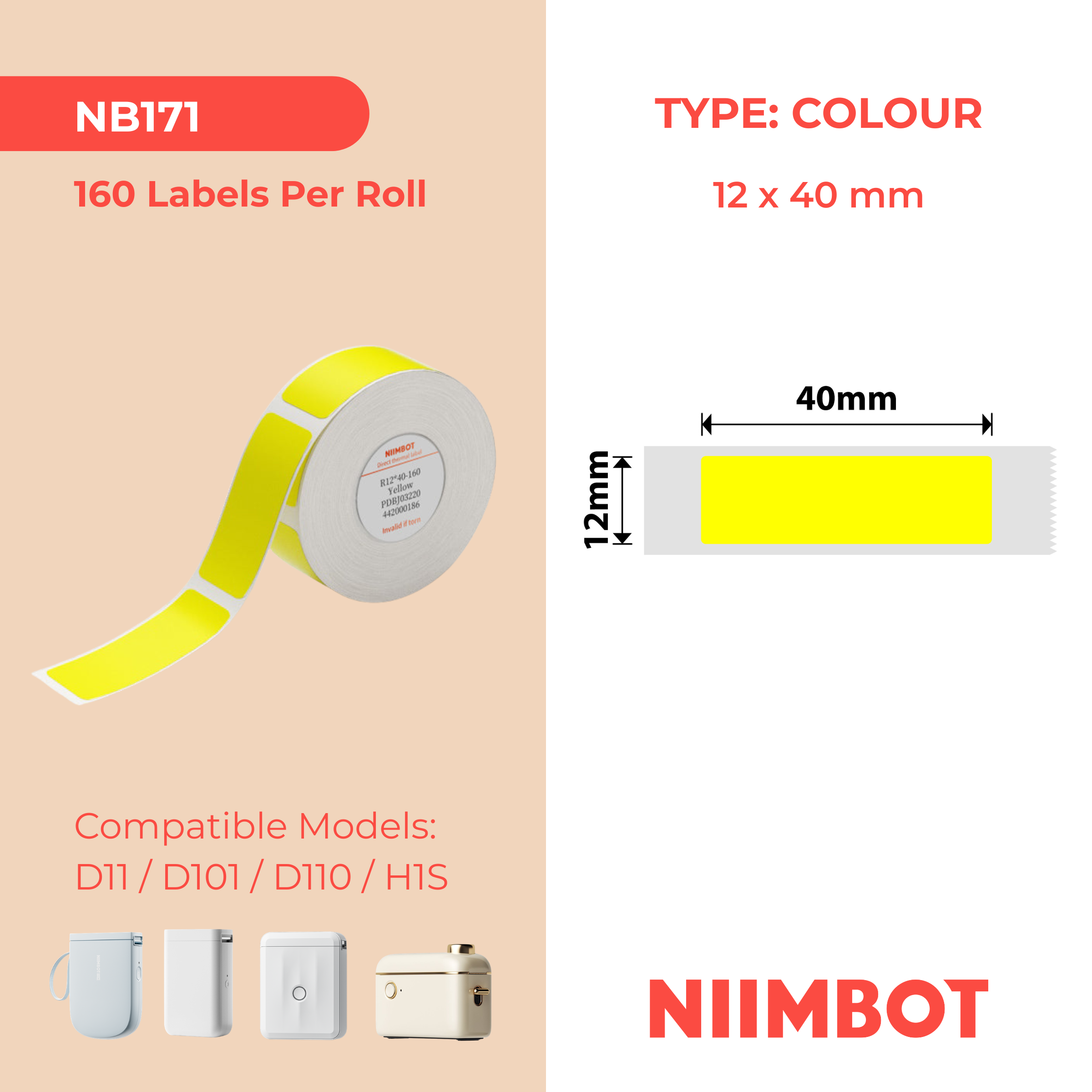 NB171 - NIIMBOT - D11 / D101 / D110 / H1S - 12X40MM - 155 YELLOW LABELS