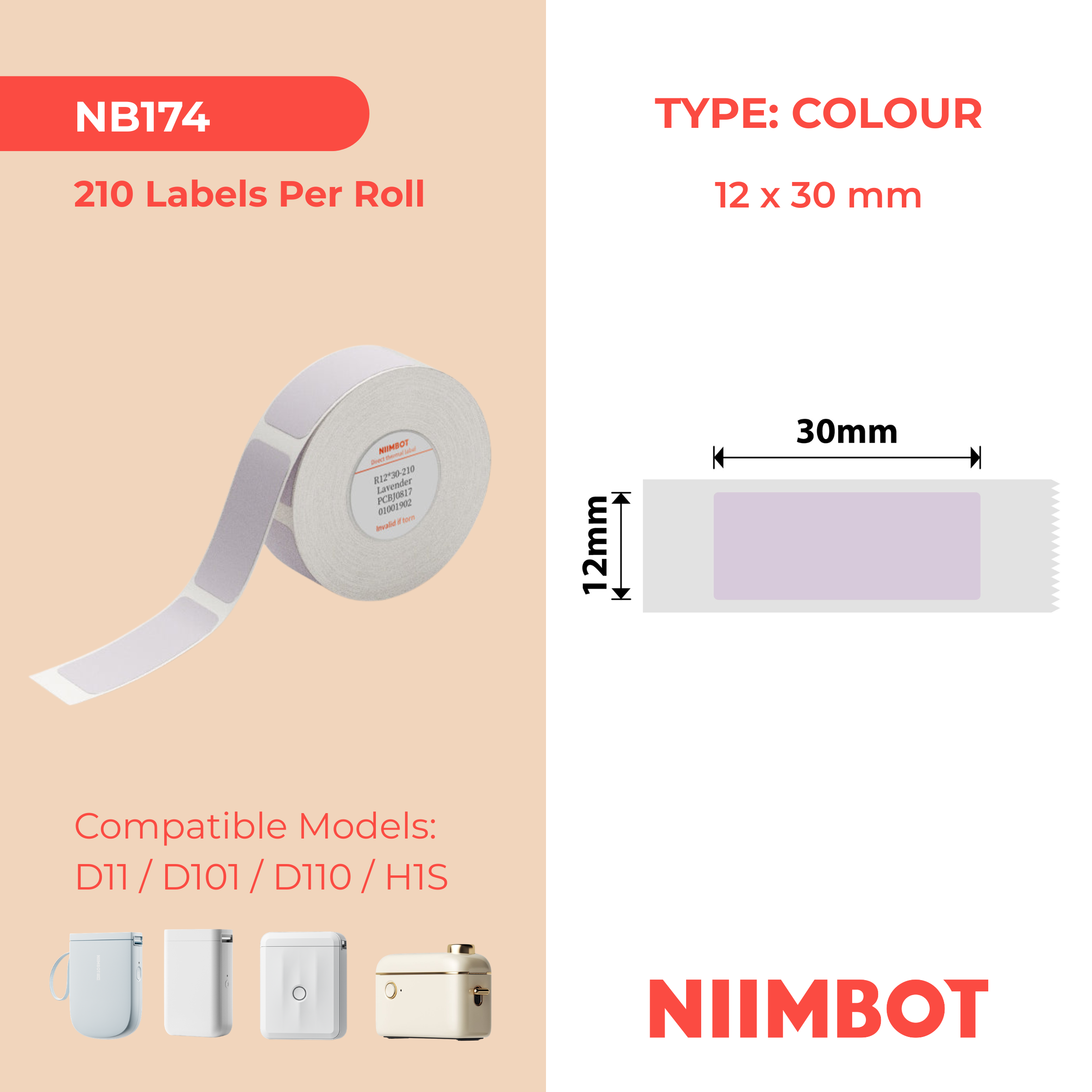 NB174 - NIIMBOT - D11 / D101 / D110 / H1S - 12X30MM - 210 LAVENDER LABEELS