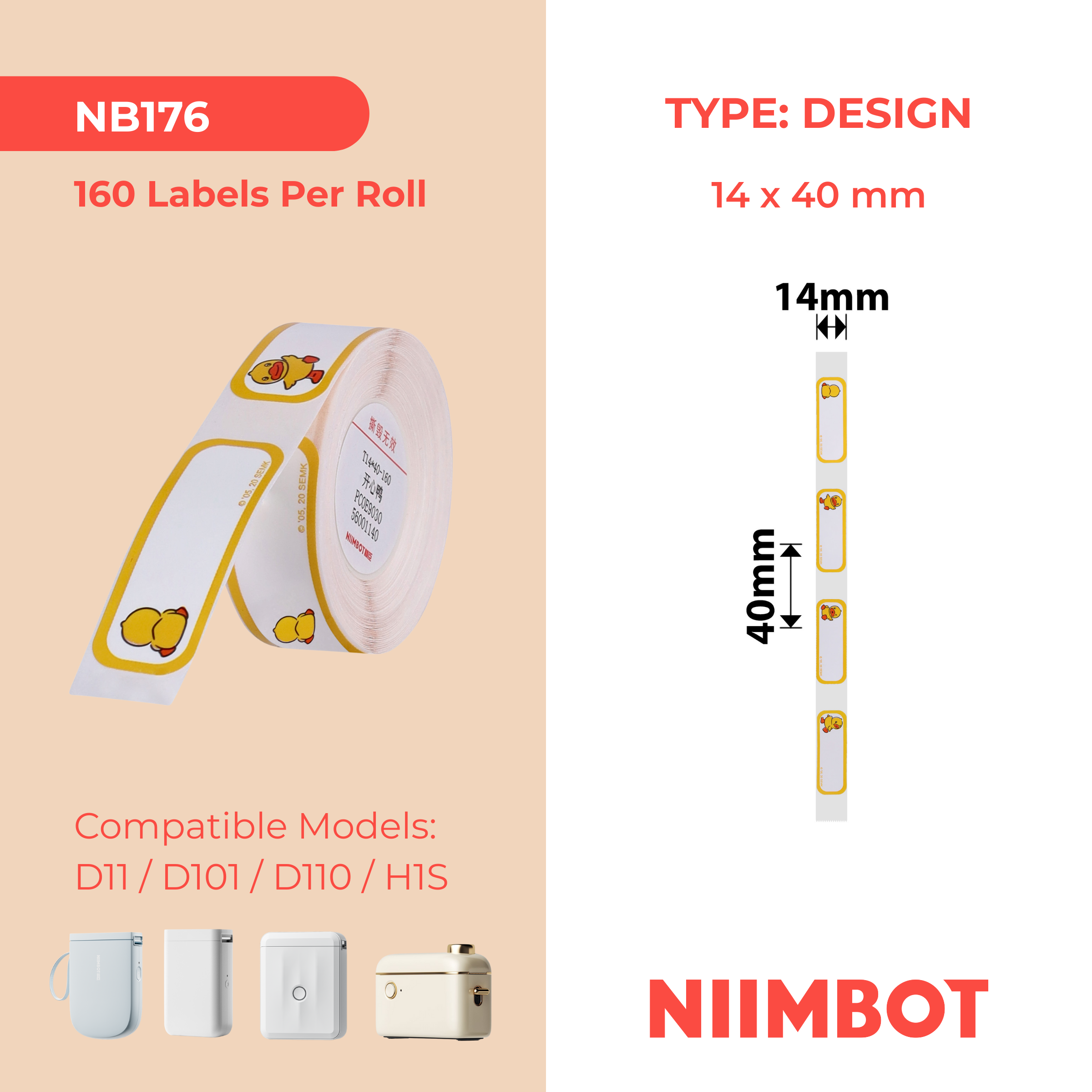 NB176 - NIIMBOT - D11 / D101 / D110 / H1S - 14X40MM - 160 HAPPY DUCK LABELS