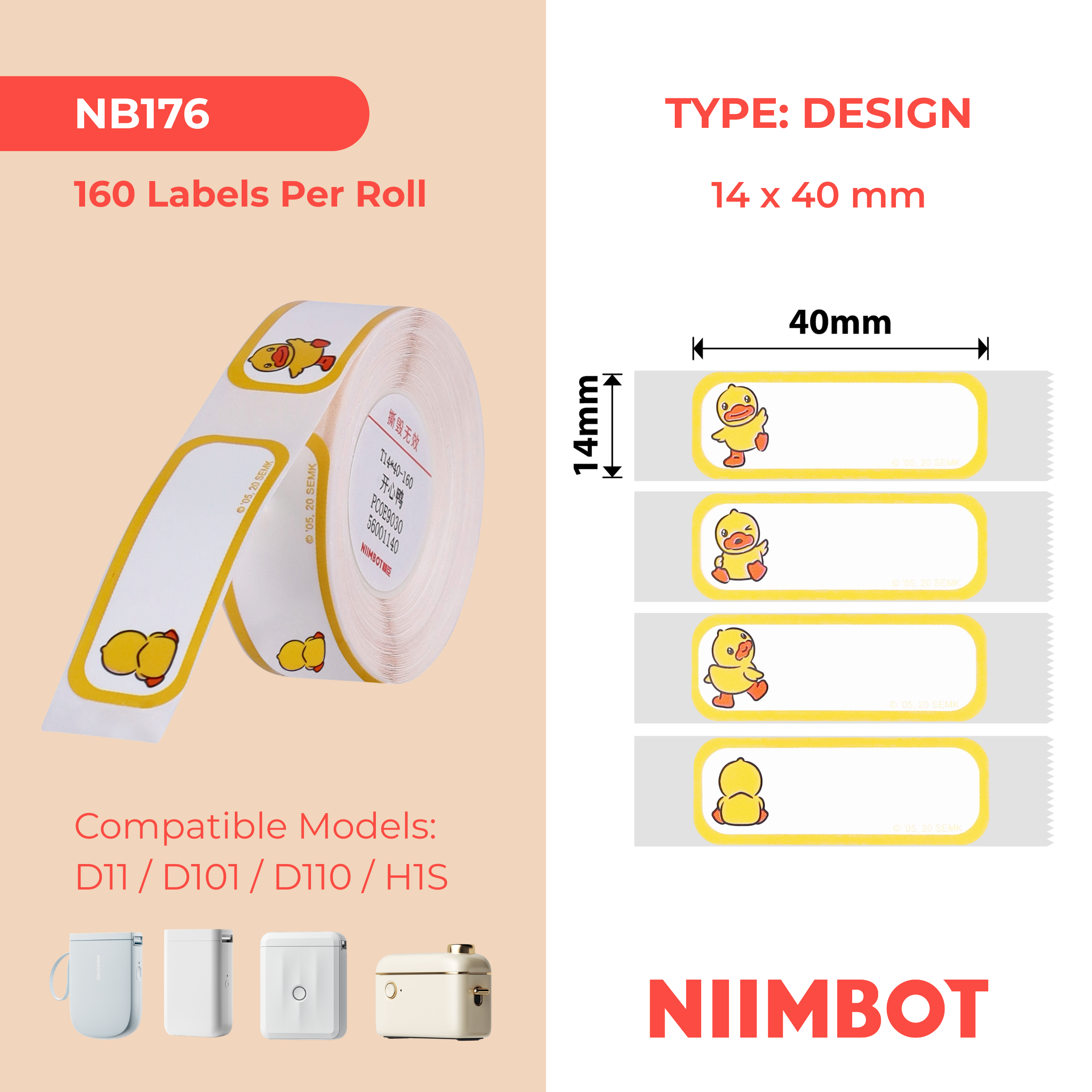 NB176 - NIIMBOT - D11 / D101 / D110 / H1S - 14X40MM - 160 HAPPY DUCK LABELS