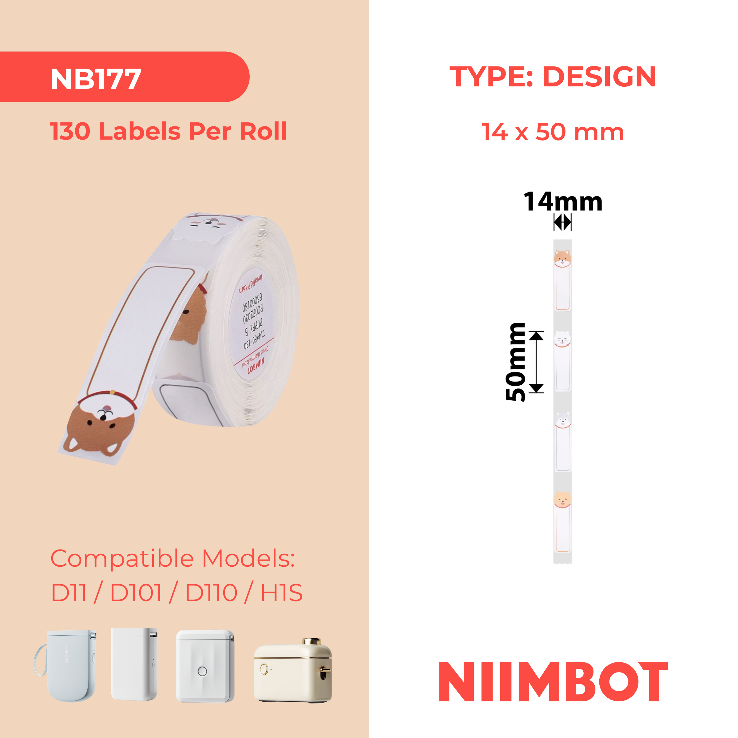 NB177 - NIIMBOT - D11 / D101 / D110 / H1S - 14X50MM - 130 CUTE PUPPY LABELS