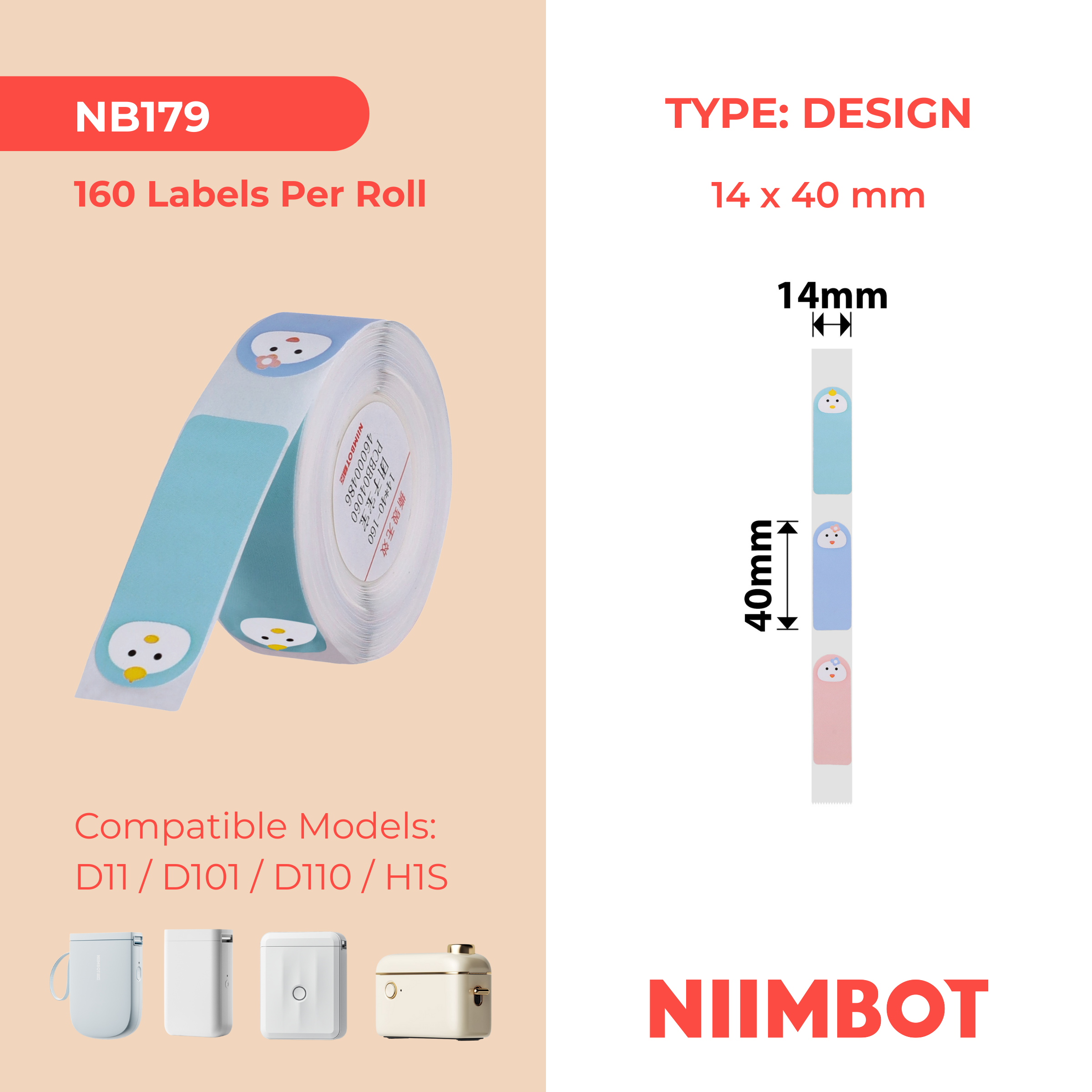 NB179 - NIIMBOT - D11 / D101 / D110 / H1S - 14X40MM - 160 BABY FACE LABELS