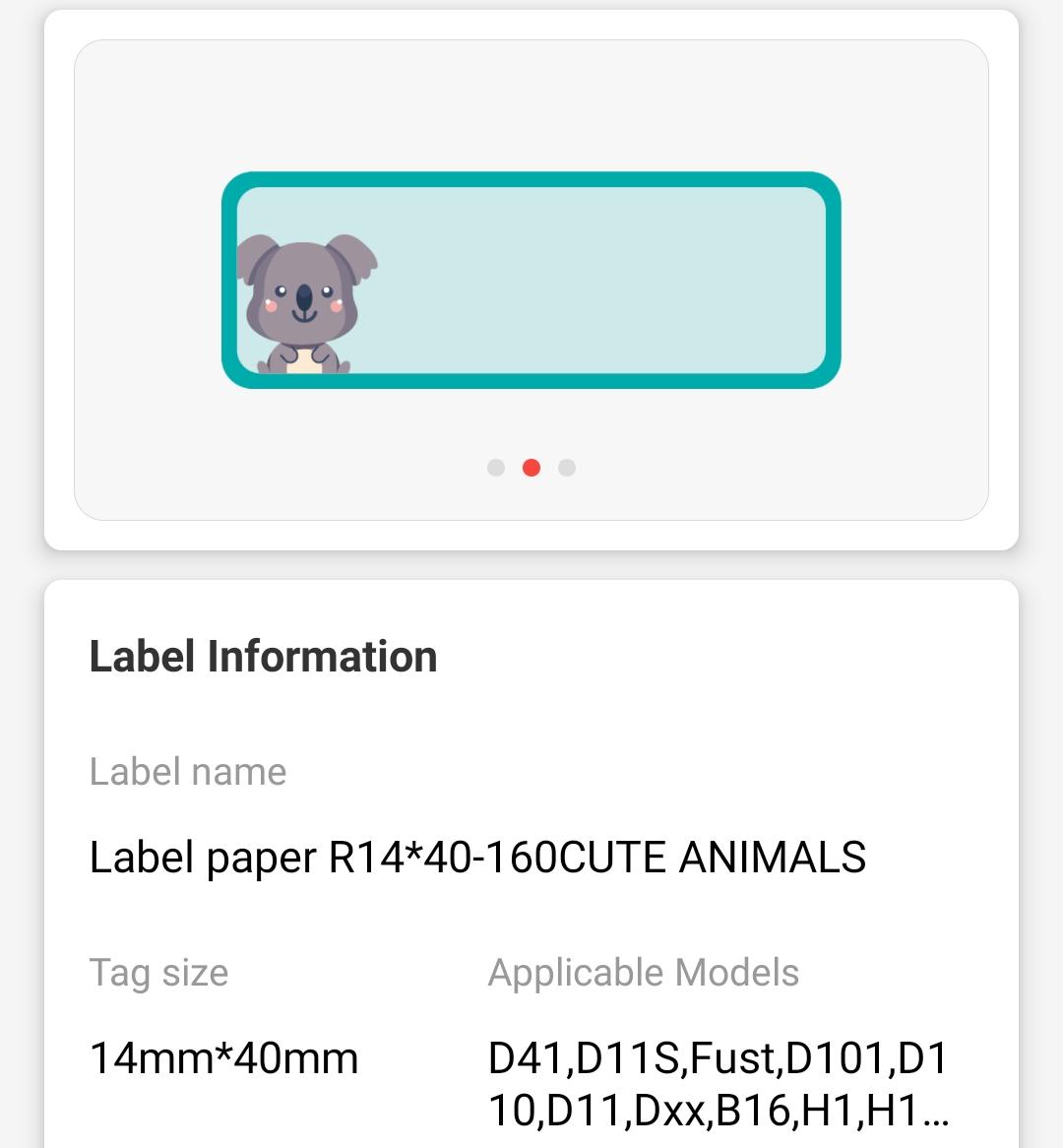 NB180 - NIIMBOT - D11 / D101 / D110 / H1S - 14X40MM - 160 CUTE ANIMALS LABELS