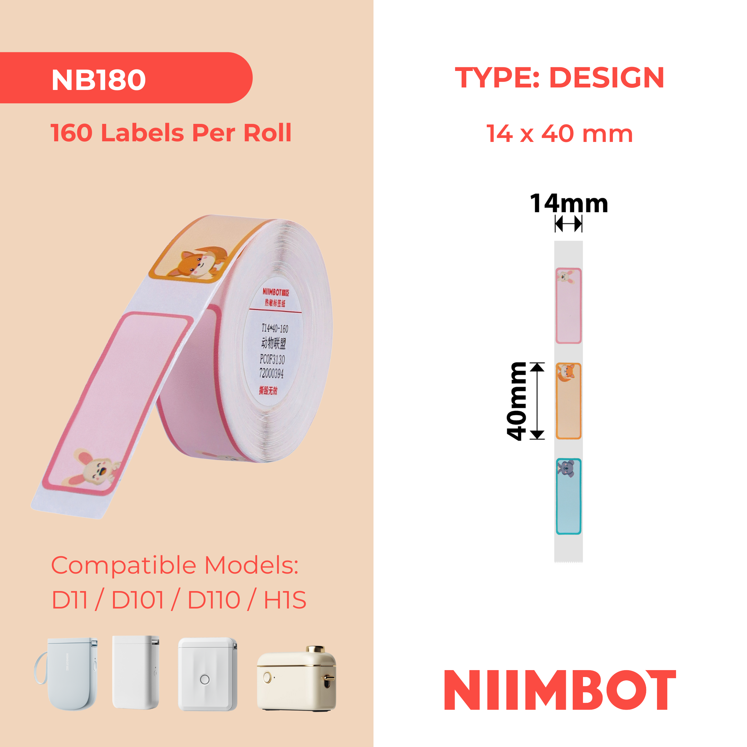 NB180 - NIIMBOT - D11 / D101 / D110 / H1S - 14X40MM - 160 CUTE ANIMALS LABELS