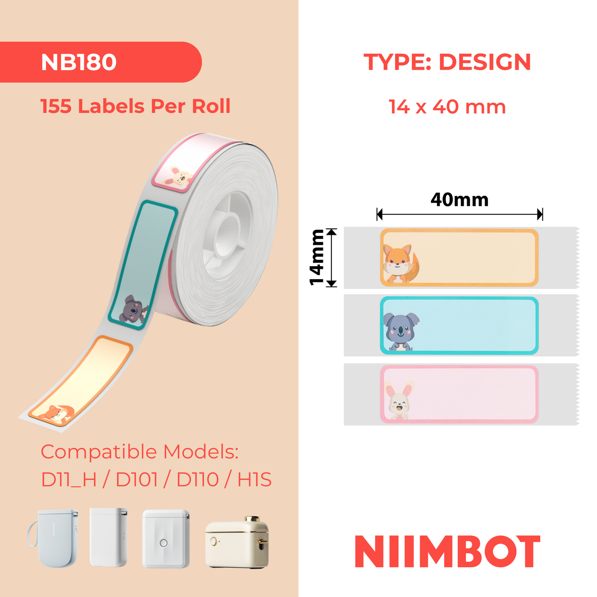 NIIMBOT-Gamme D-14 x 40 mm-Animaux mignons-155 étiquettes