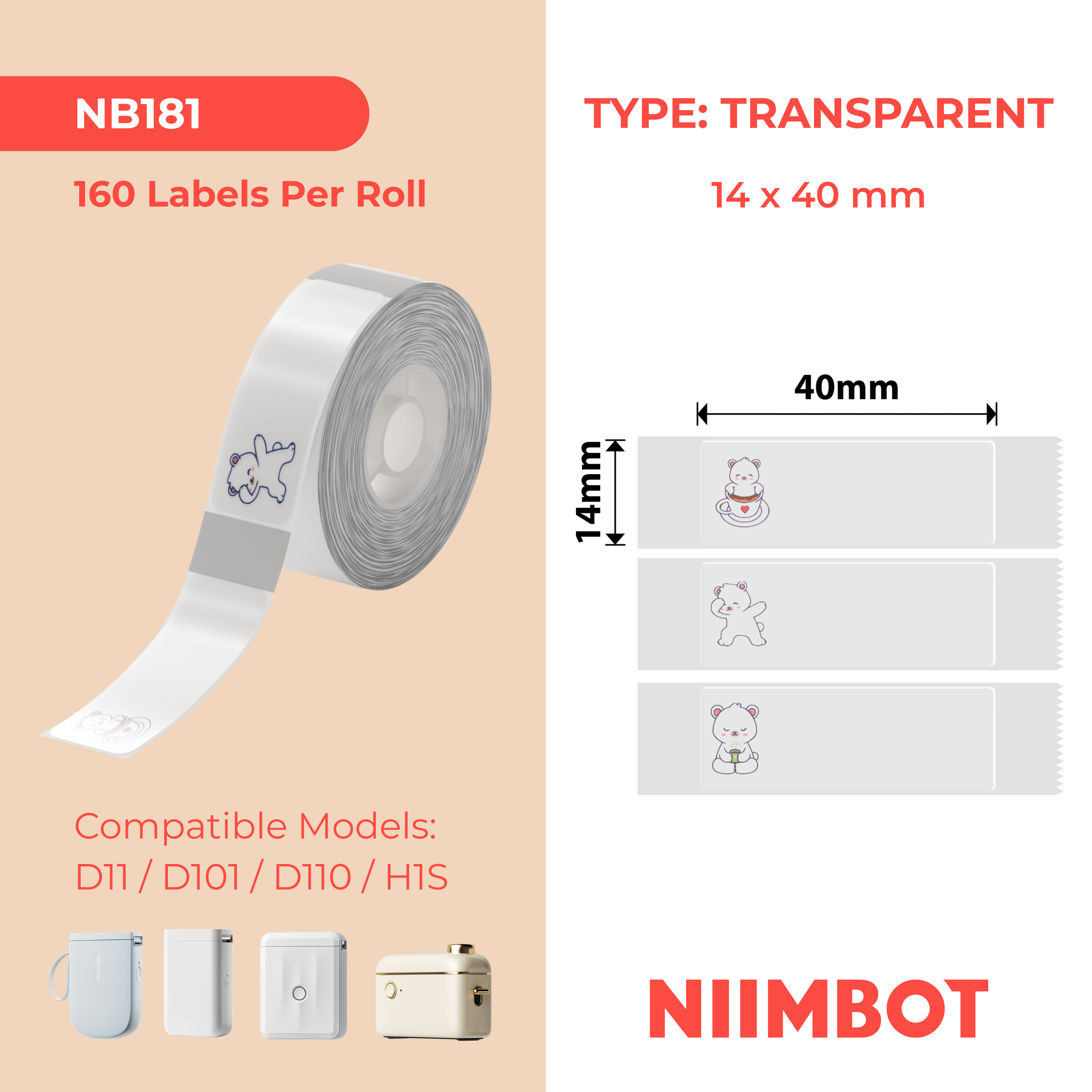 NB181 - NIIMBOT - D11 / D101 / D110 / H1S - 14X40MM - 160 LAZY BEAR LABELS