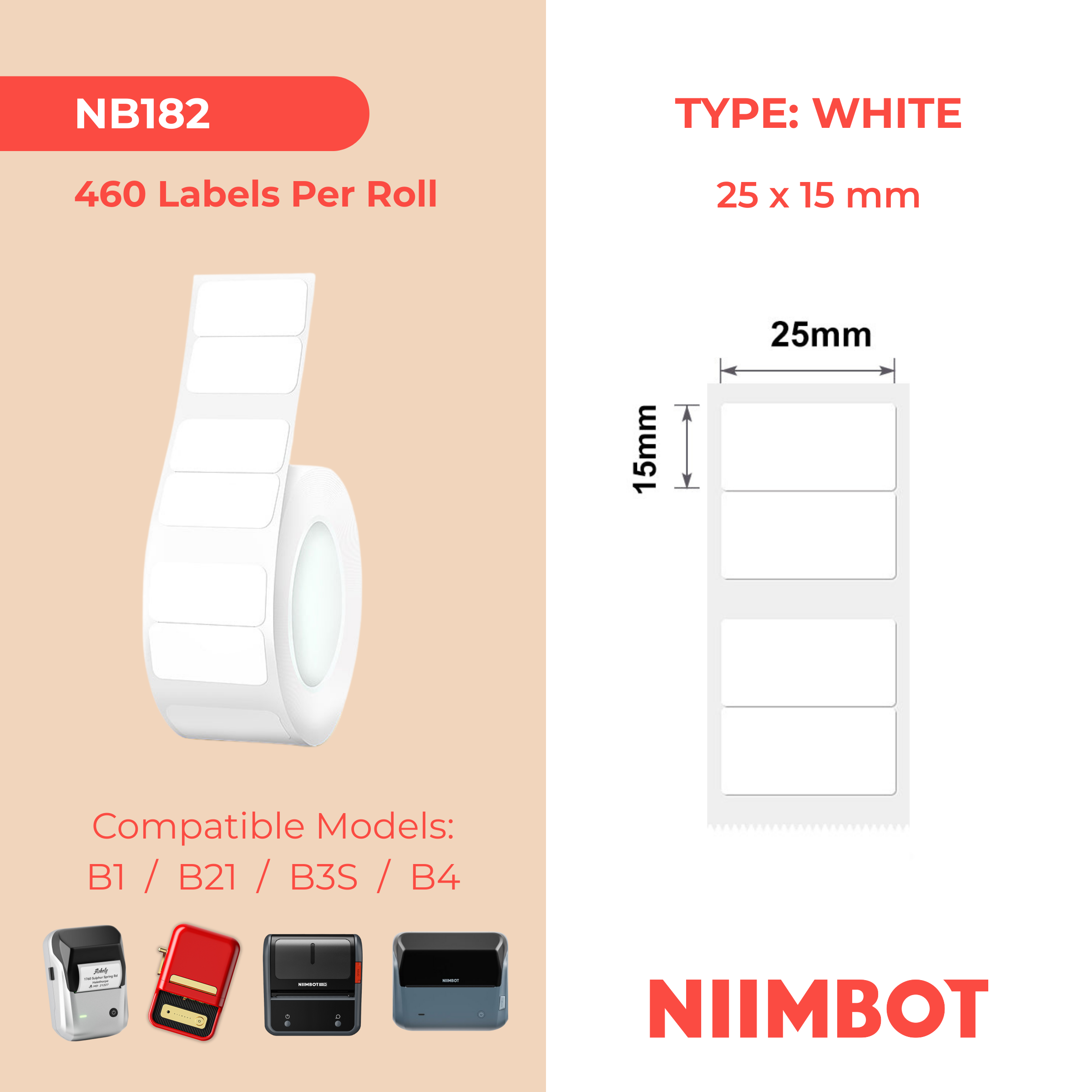 NB182 - NIIMBOT - B1 / B21 / B3S / B4 - 25X15MM/2 - 460 WHITE LABELS