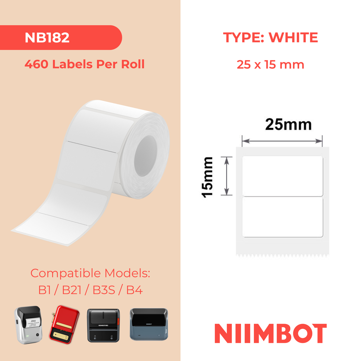 NIIMBOT - B Range - 25x15mm/2R - White - 460 Labels