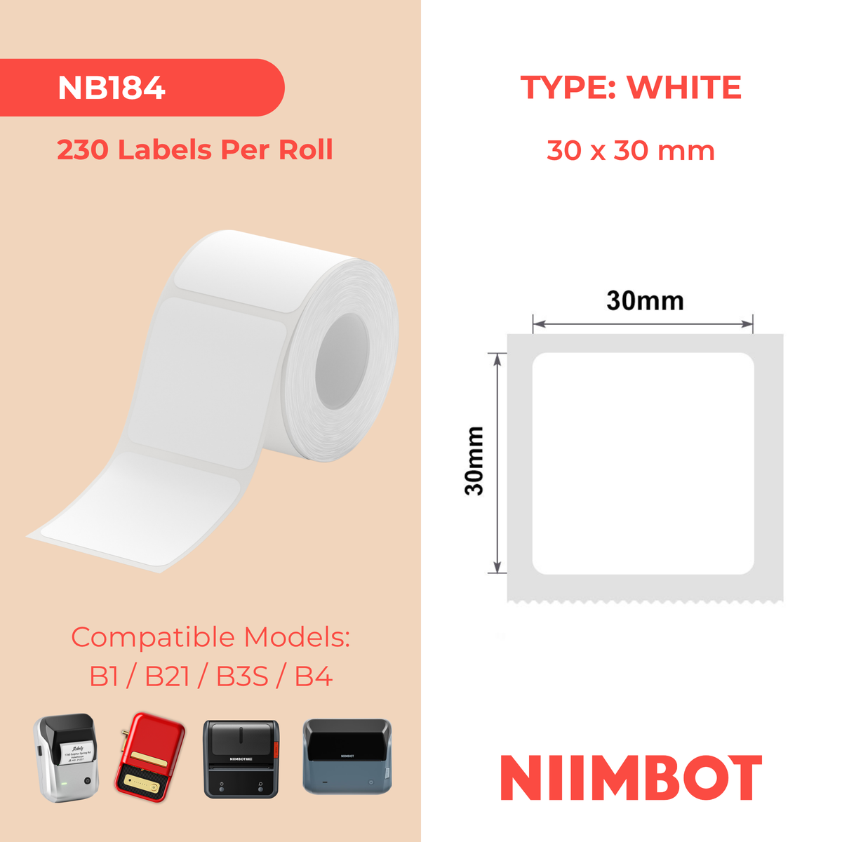 NIIMBOT - B Range - 30x30mm - White - 230 Labels