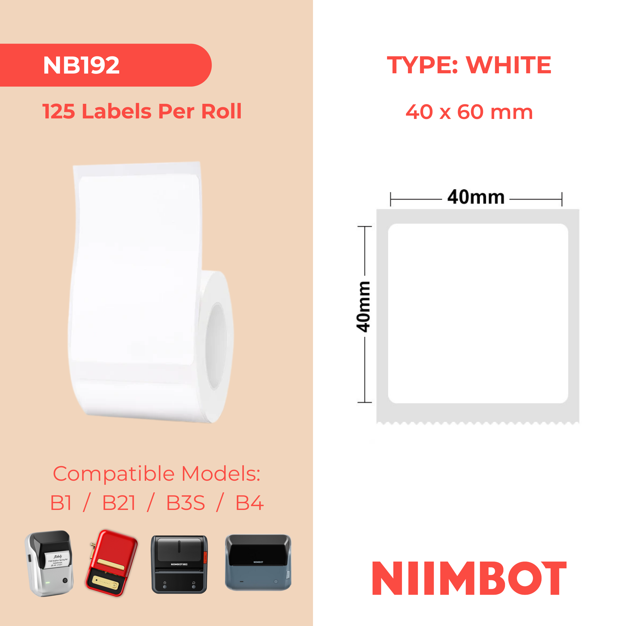 NB192 - NIIMBOT - B1 / B21 / B3S / B4 - 40X60MM - 125 WHITE LABELS