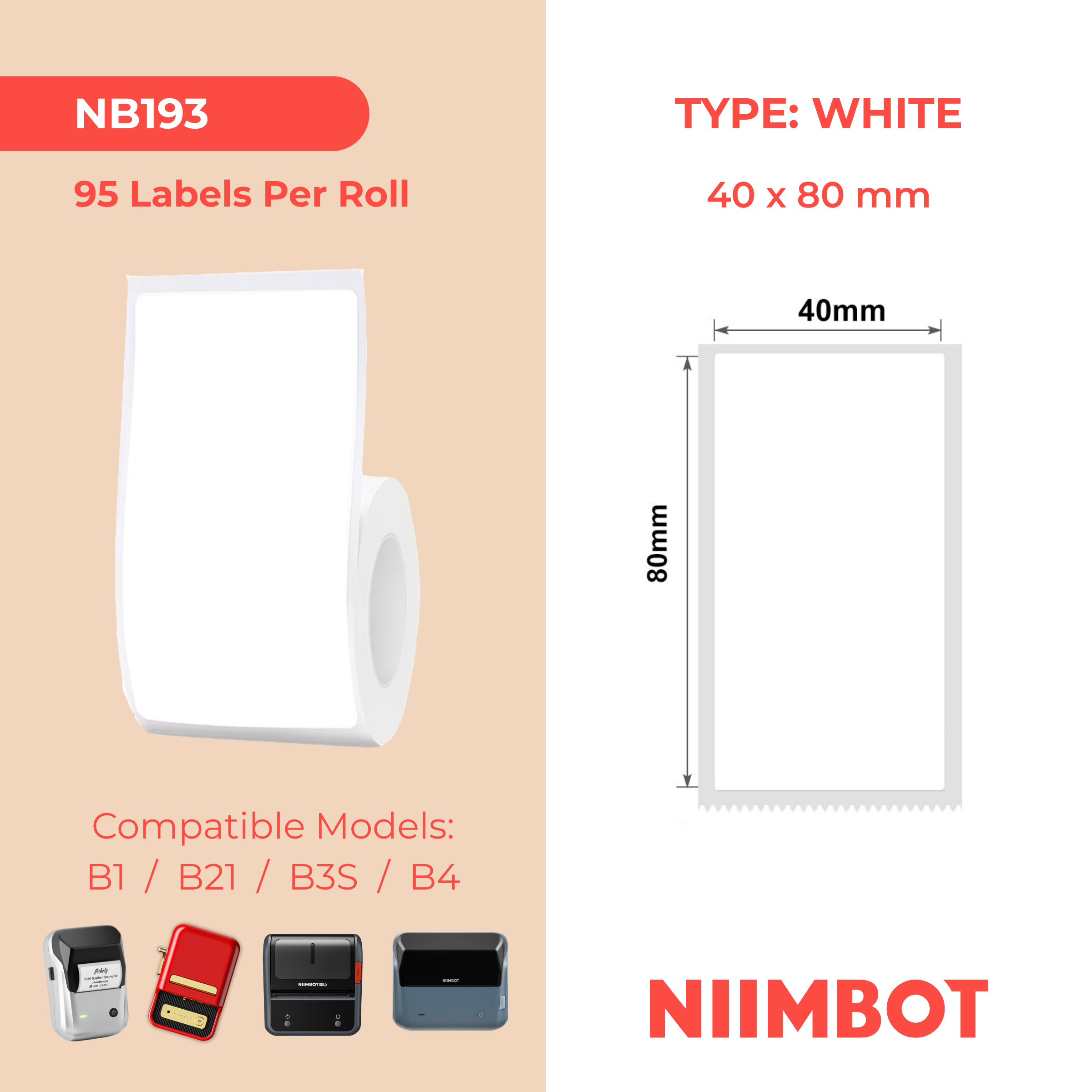 NB193 - NIIMBOT - B1 / B21 / B3S / B4 - 40X80MM - 95 WHITE LABELS