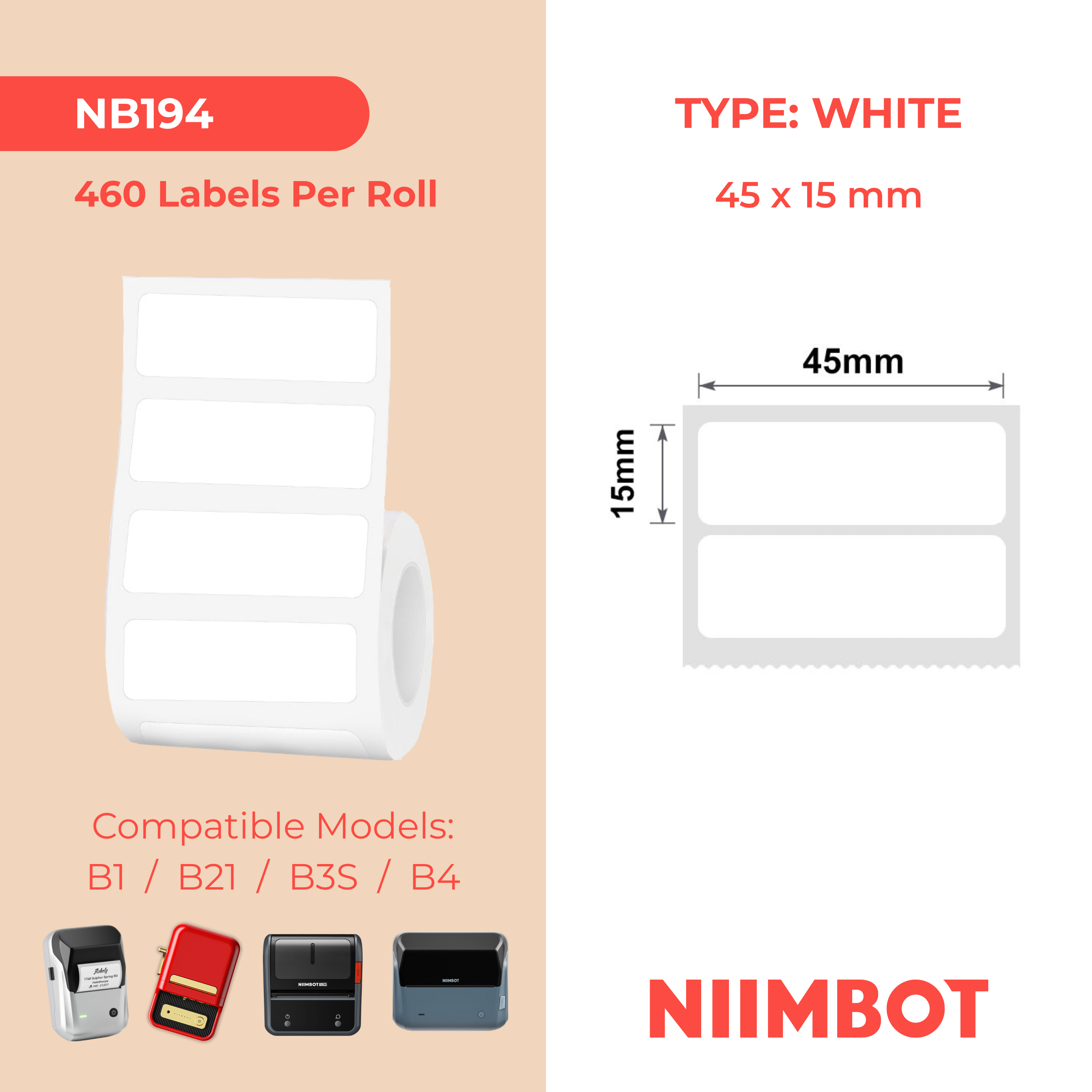 NB194 - NIIMBOT - B1 / B21 / B3S / B4 - 45X15MM/2R - 460 WHITE LABELS
