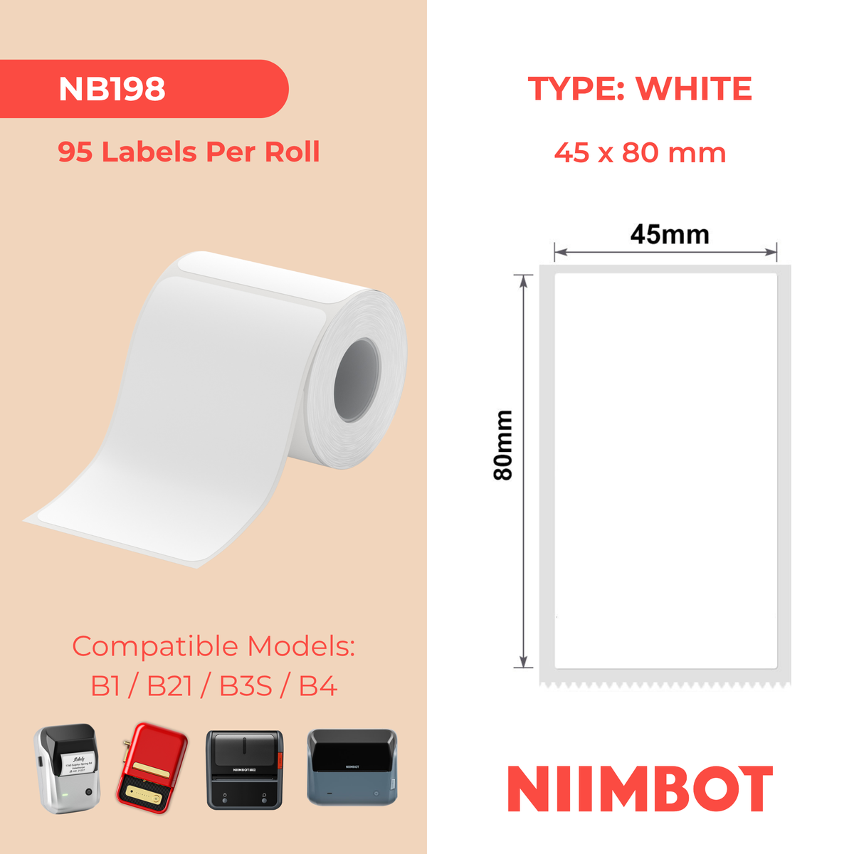 NIIMBOT - B Range - 45x80mm - White - 95 Labels