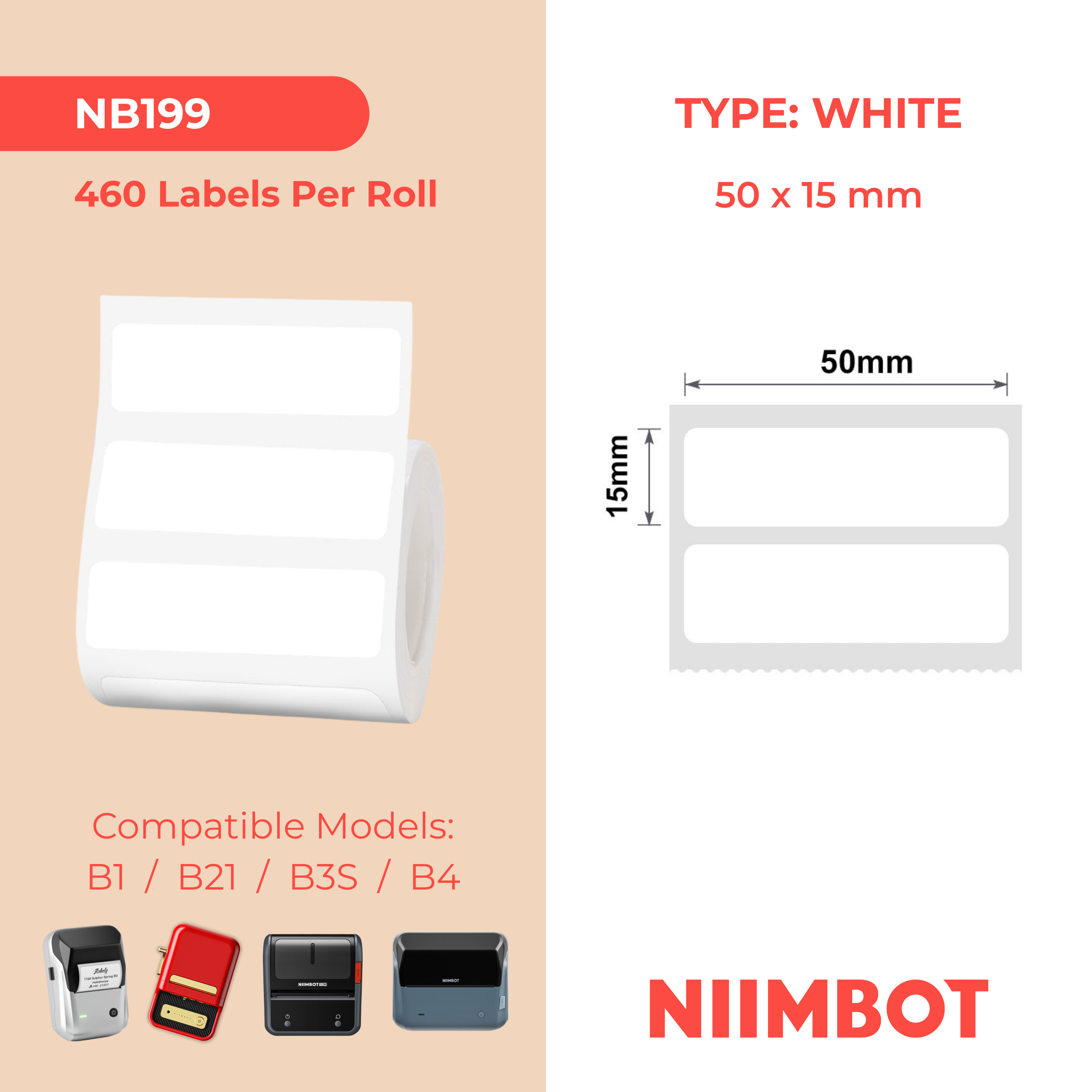 NB199 - NIIMBOT - B1 / B21 / B3S / B4 - 50X15MM/2R - 460 WHITE LABELS